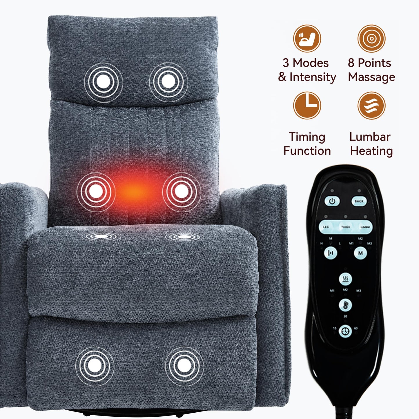 KEIKI 4-in-1 Manual Swivel Rocker Recliner Chair for Living Room, Chenille Nursery Glider Rocking Chairs with Back Massager & Heat, Ideal for Daily Nap in Living Room Quiet Corner, Blue