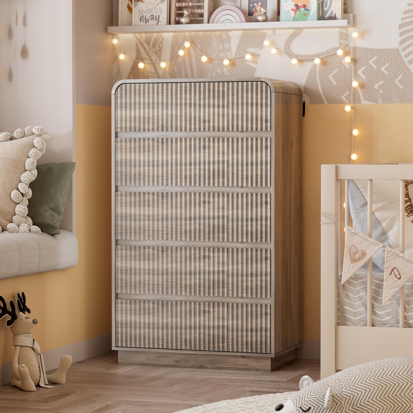 Wodeer Grey Dresser Fluted Tall 5 Drawer Dresser for Bedroom, Wood Chest of Drawers with Hidden Handles & Rounded Corners, Modern Storage Cabinet and Organizer Drawers for Living Room, Hallway, Gray