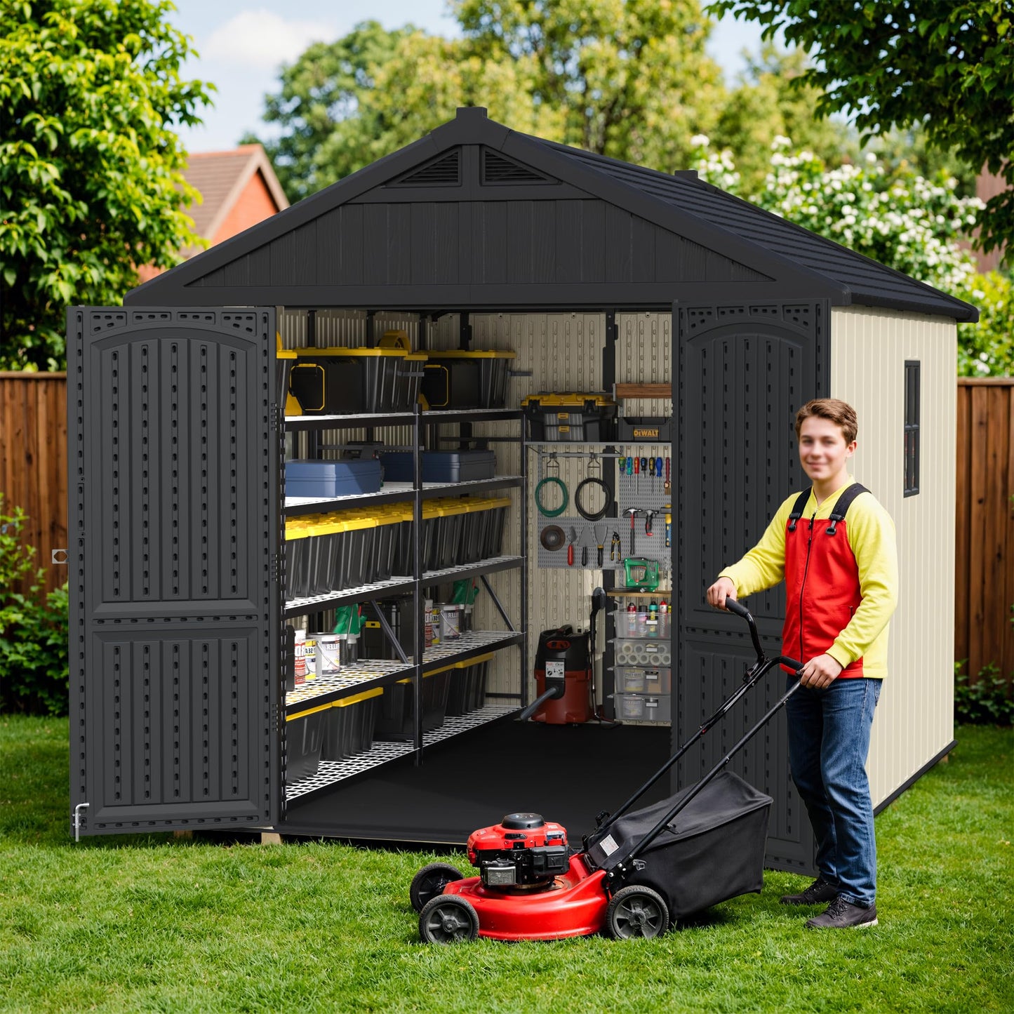 Greesum 8×10 FT Plastic Outdoor Storage Shed with Floor, Resin Sheds with Window and Lockable Door, Weather Resistant Organization, Easy Assemble for Garden, Lawn, Pool Supplies, Beige