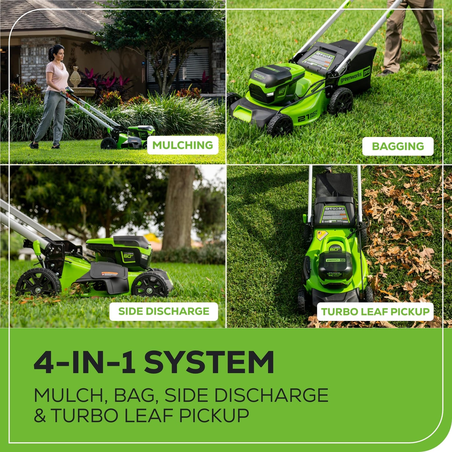 Greenworks 60V 21" Brushless (Self-Propelled) Cordless Lawn Mower, 2 x 4.0Ah Batteries (3/4 Acre, Rapid Charger, 4-in-1, LED Lights, IPX4)