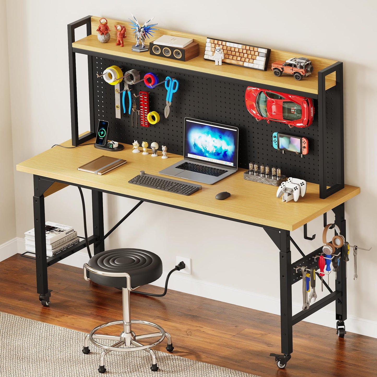 DWVO 60in Heavy Duty Workbench with Pegboard & Wheels Adjustable Work Table