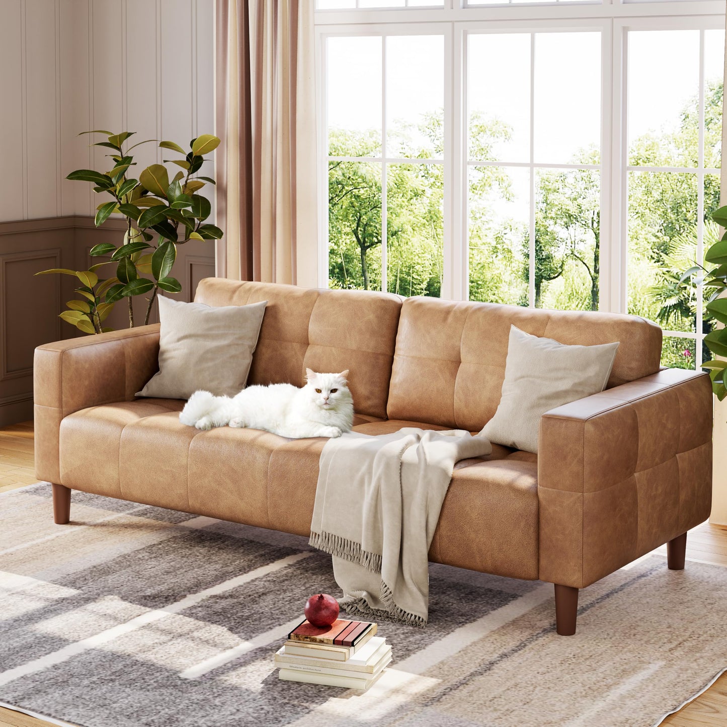 GarveeHome 3-Seater Sofa Couch, 83 in Wide Faux Leather Sofa Couch with Spring Cushion, Modern Sofa with Deep Seats and 2 Removable Back Cushions, for Living Room, Bedroom, Apartment, Office, Brown