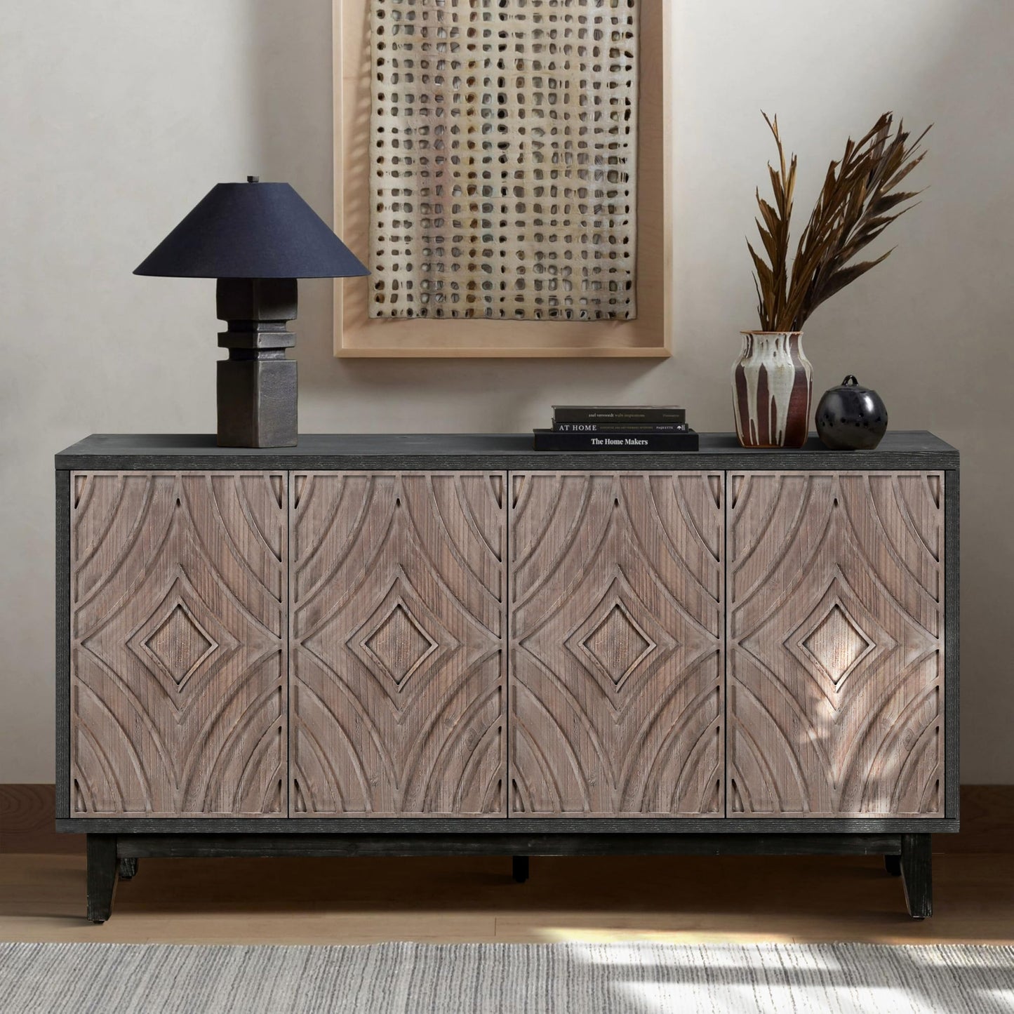 Noble House Home Furnishings Ruly Mid-Century Modern Sideboard Buffet Cabinet with Storage, Wooden Living Room TV Stand for TV up to 65 inch, Entryway Storage Cabinet with Adjustable Shelves, Black