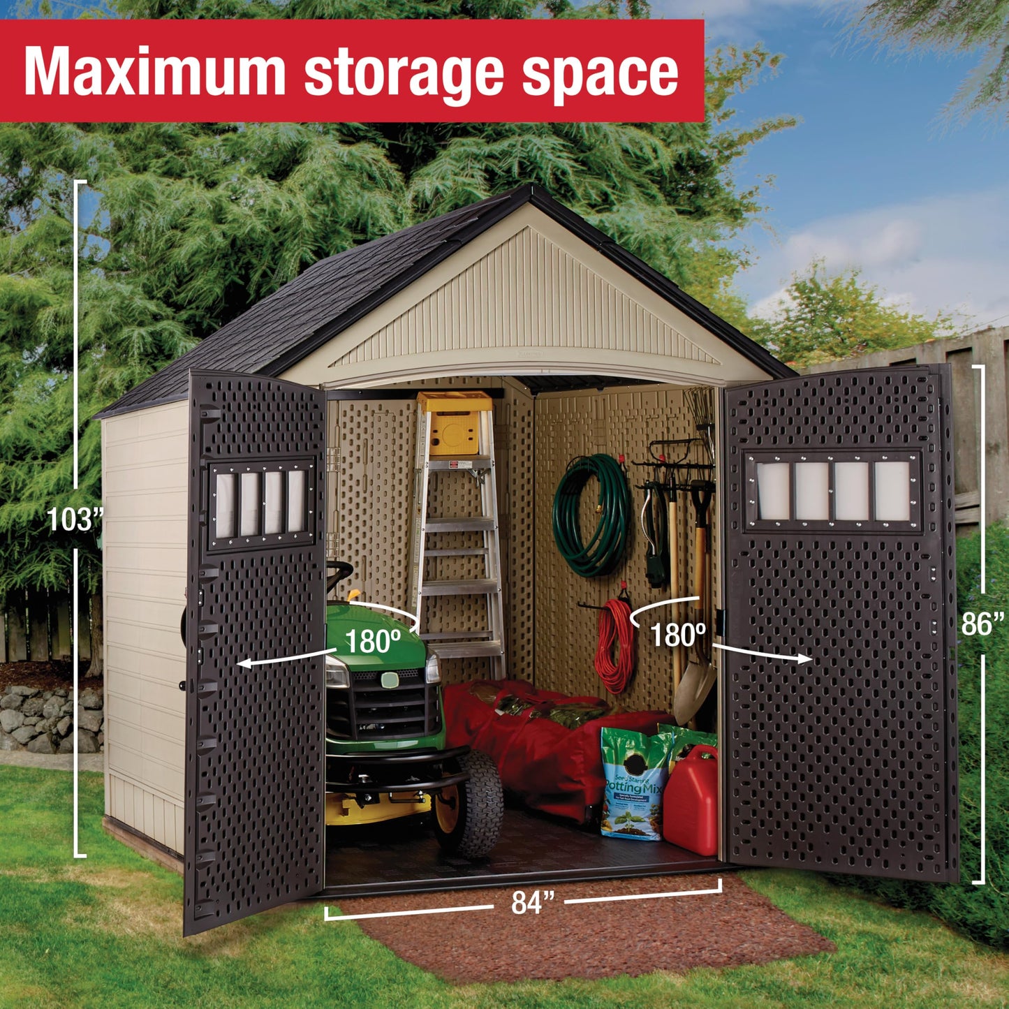 Rubbermaid Resin Outdoor Storage Shed with Floor (7 x 7 Ft) Weather Resistant, Brown Gable, Organization for Home/Backyard/Garden Tools/Lawn Mower/Bike Storage/Pool Supplies