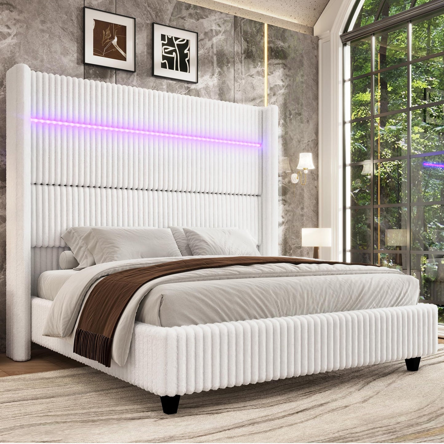 Jocisland King Faux-Fur Upholstered Bed Frame with 60" Wingback Headboard, Built-in LED/Charging, Noise-Free, Easy Assembly, No Box Spring, for Family with Kids/Pets & Luxury Bedroom, White