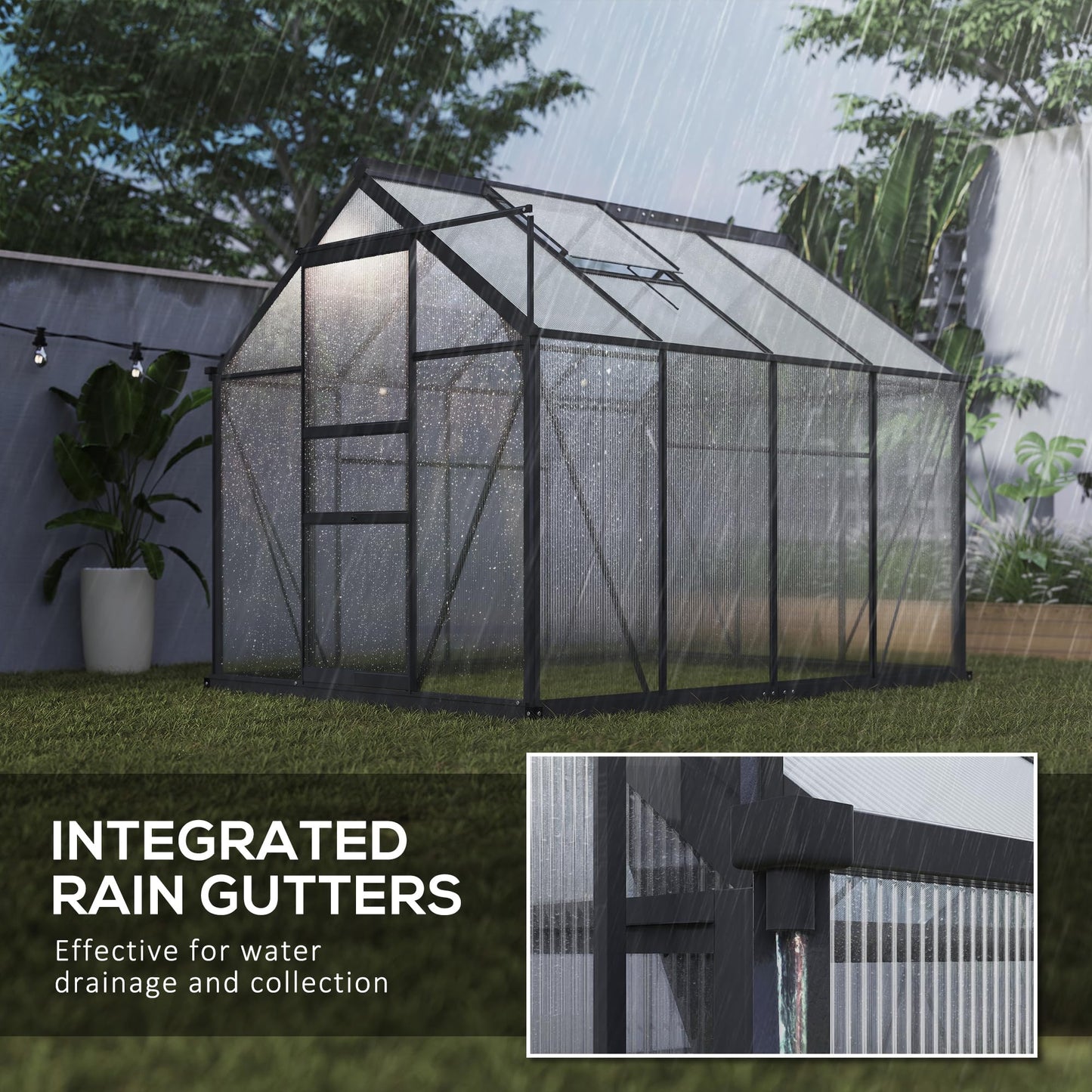 Outsunny 6' x 8' Greenhouse for Outdoors, Polycarbonate Greenhouse with Rain Gutter and Roof Vent, Aluminum Walk-in Green Houses with Push Door for Outside for Patio Backyard Garden, Gray