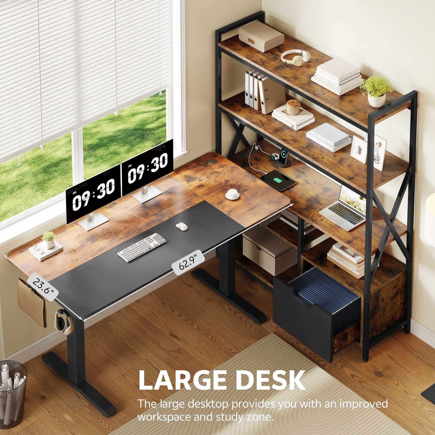 Homiflex 77.8 Inches L Shaped Standing Desk Corner Desk with Hutch Electric Height Adjustable Desk with Storage Shelves File Drawer Power Outlets Reversible Computer Gaming Desk for Home Office, Brown