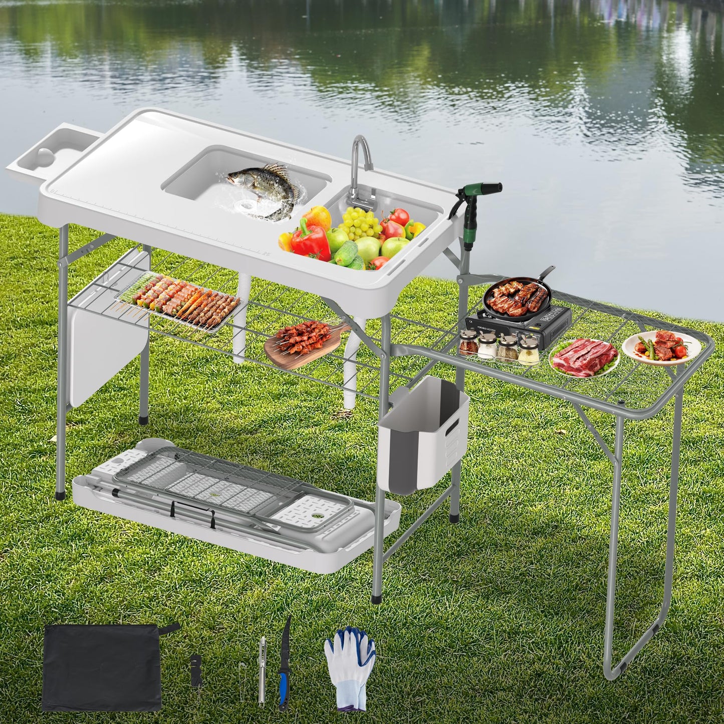 Dragosum Fish Cleaning Table, Portable Folding Camping Table with Folding Grill Extension Board, Fish Cleaning Station with Dual Sinks, Hose Hook Up