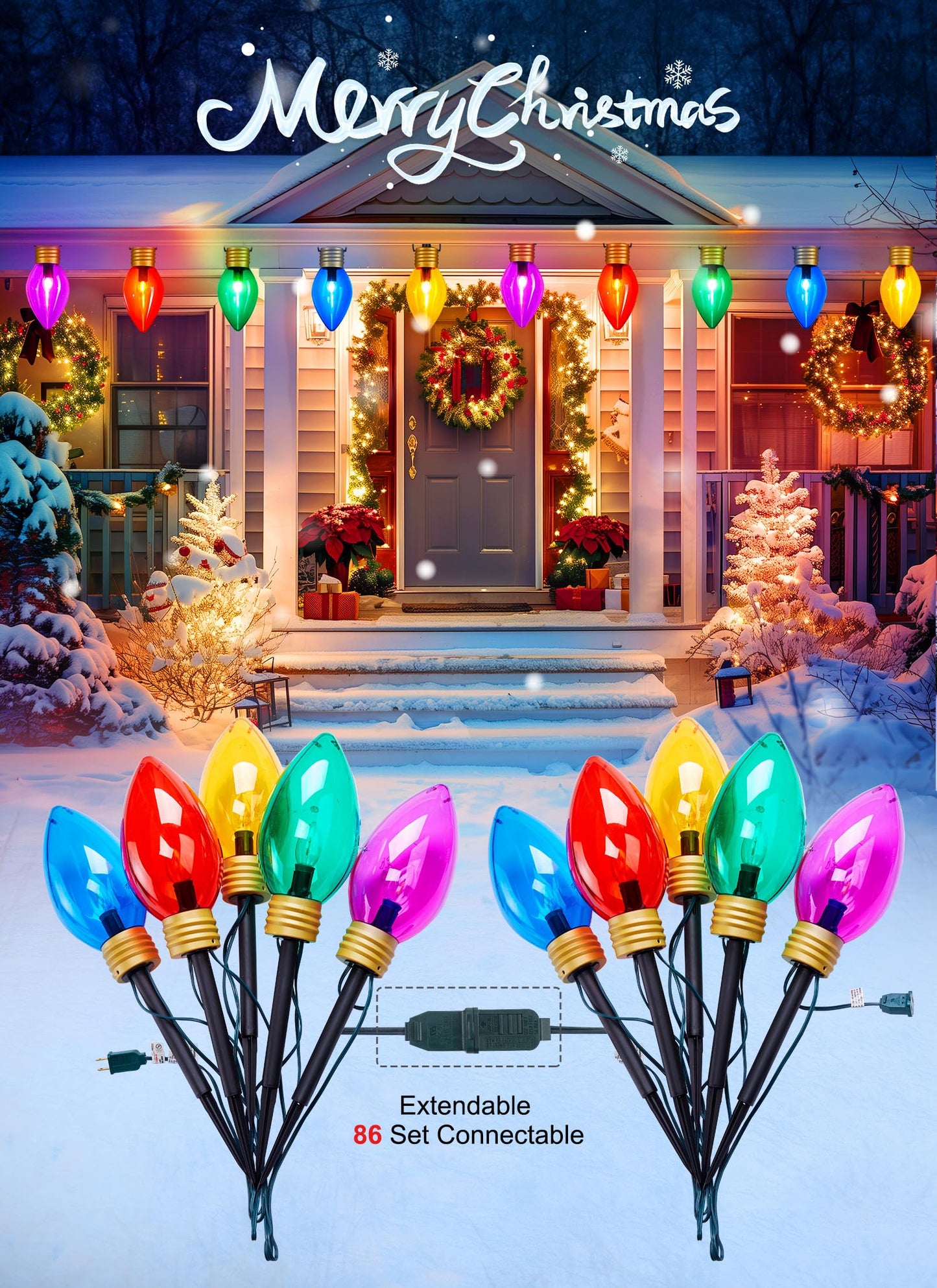 Minetom Christmas String Lights, 11Ft 5 LED Jumbo C9, Waterproof, Multicolor, 2 Pack Super Jumbo Decorations