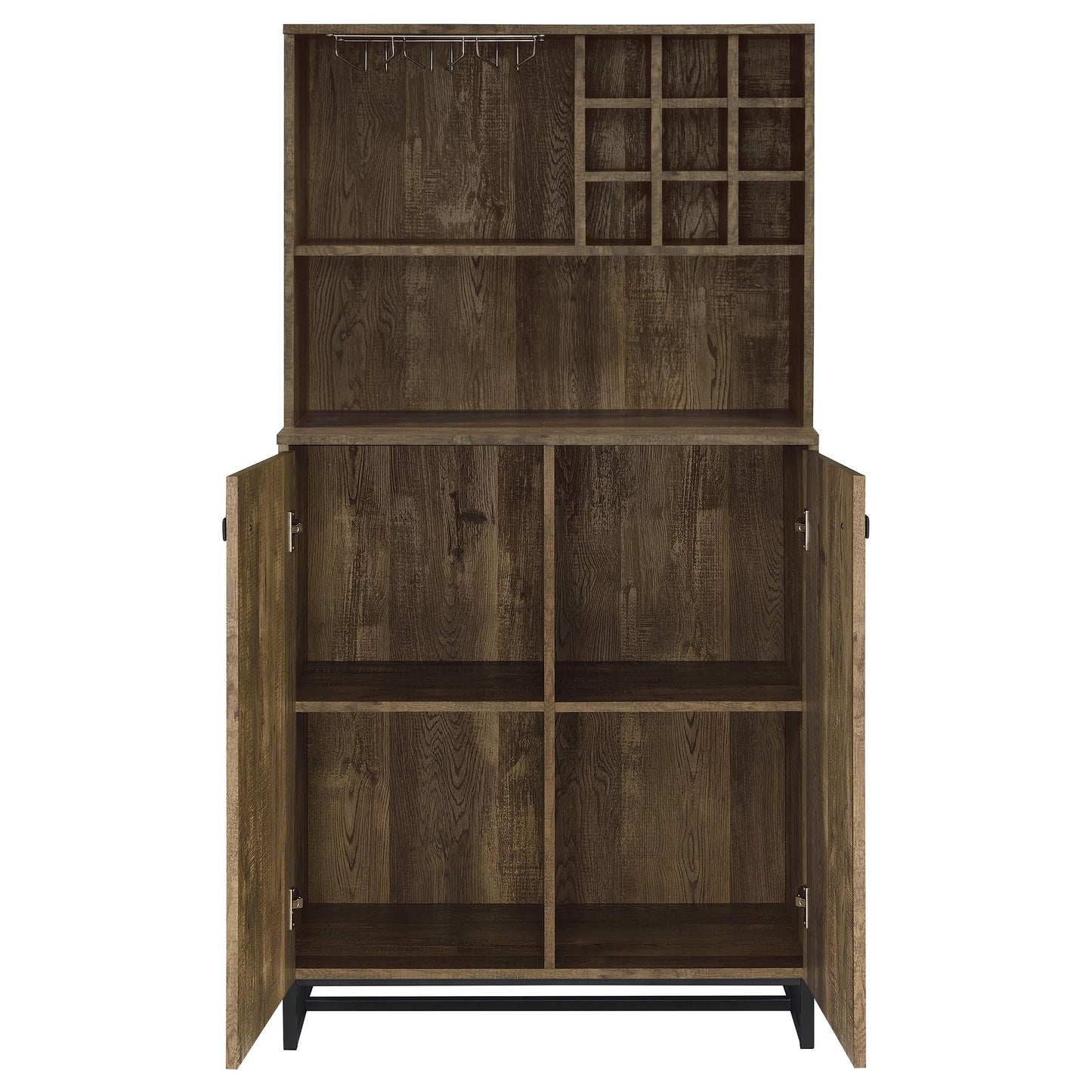 Coaster Home Furnishings - Mendoza - Wood & Metal 2-Door Home Bar Cabinet - Wine Storage with Herringbone Pattern & Stemware Rack - Farmhouse - Dining Room & Home Bar - Rustic Oak - 182082