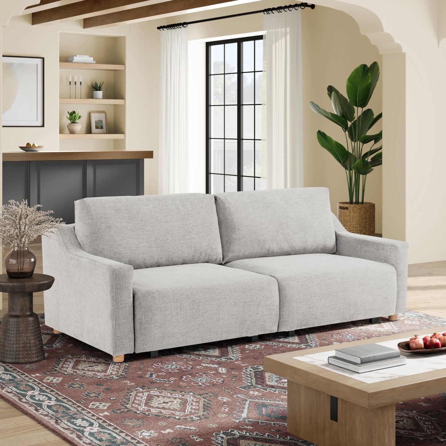 Serta Glendale 90.2" Queen Size Wall-Hugging Convertible Sofa, Dreamcoil Comfort, Chenille Fabric, Cream