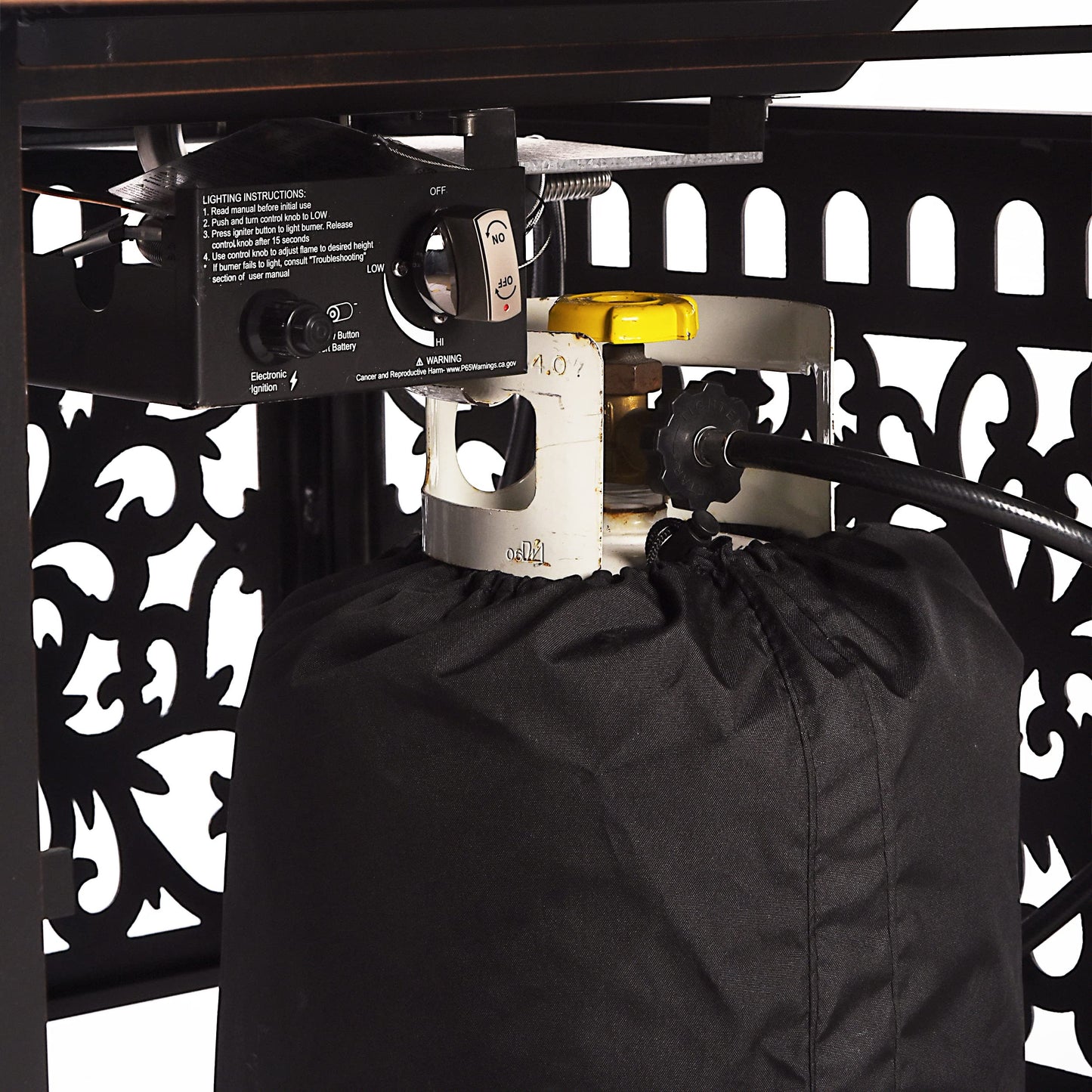 Oakland Living Black Aluminum Patio Fire Table Set with Four Club Chairs with Red Cushions