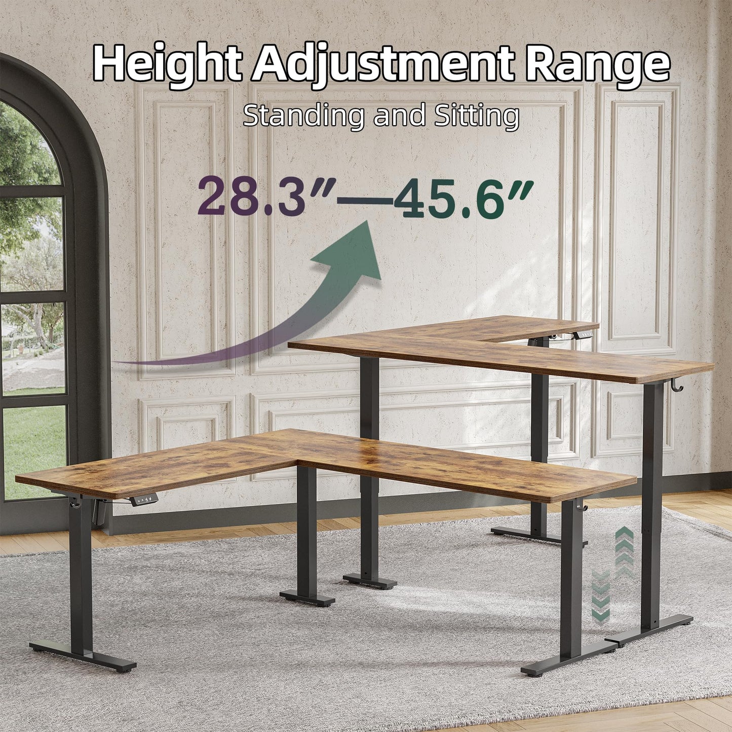 TIQLAB 75 x 61 inch L Shaped Standing Desk Adjustable Height, Electric Corner Standing Desk, Sit Stand Computer Table with Splice Board, Rustic Brown