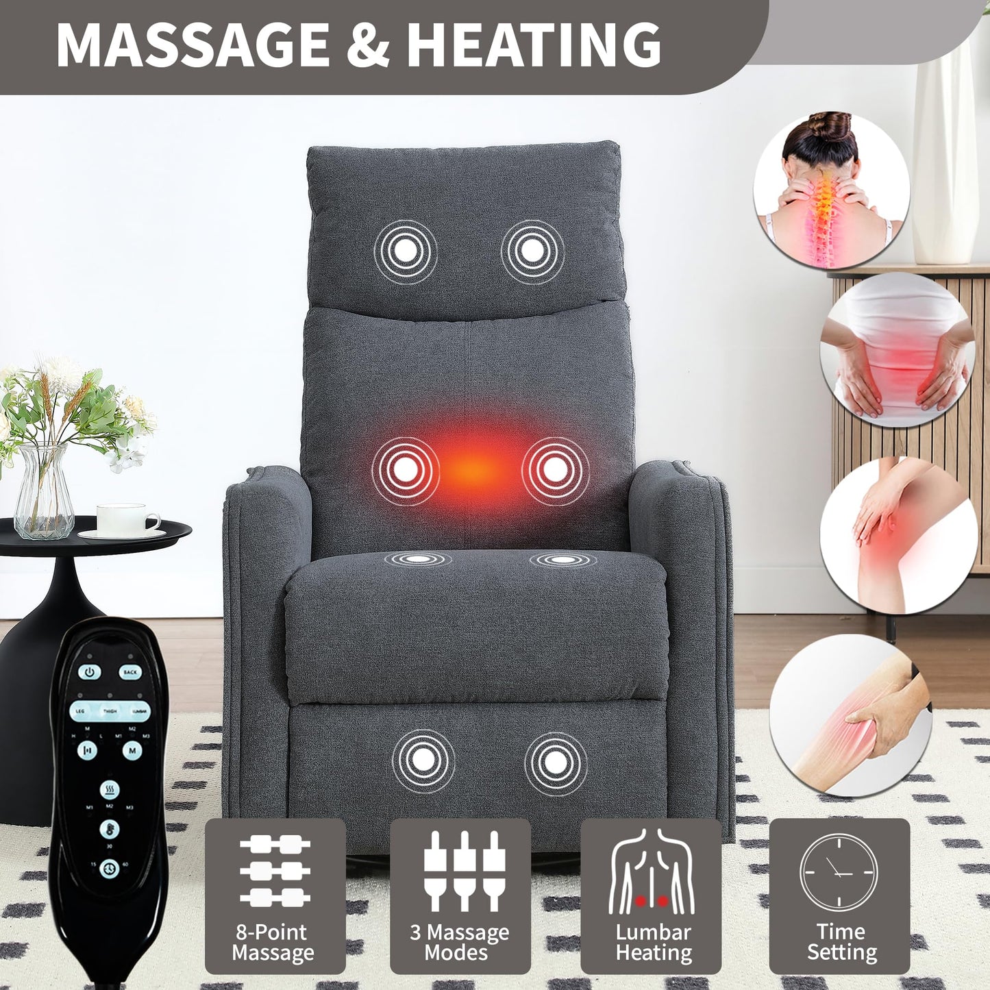 KEIKI 4-in-1 Manual Swivel Rocker Recliner Chair for Home Living Room, Polyester Chair with Back Massager & Heat, Home Theater Seating with Lumbar Support, Tool Free Assembly for Any Space, Grey