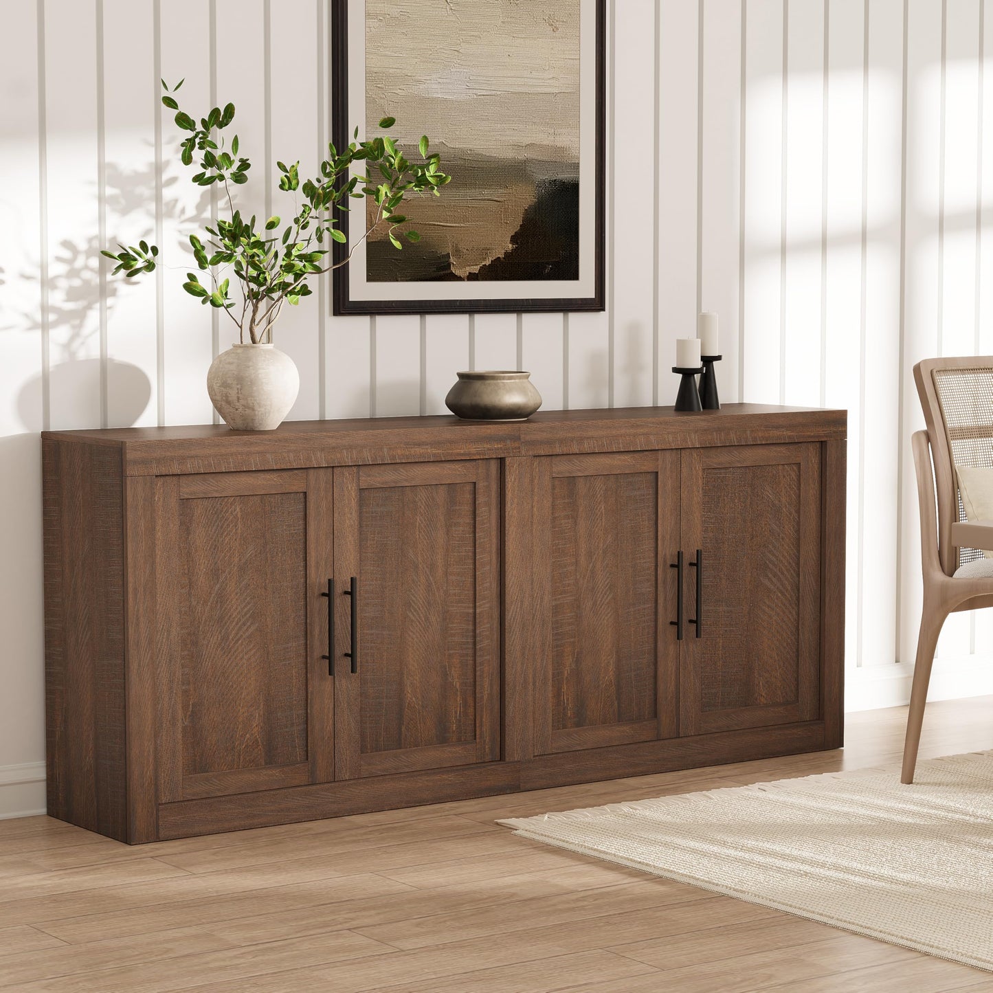 GarveeHome 70.8 in Sideboard Buffet Cabinet with Storage, Mid Century Modern Accent Cabinet with 4 Doors, Wood Coffee Bar Media Console Credenza for Living Room, Kitchen, Hallway, Brown