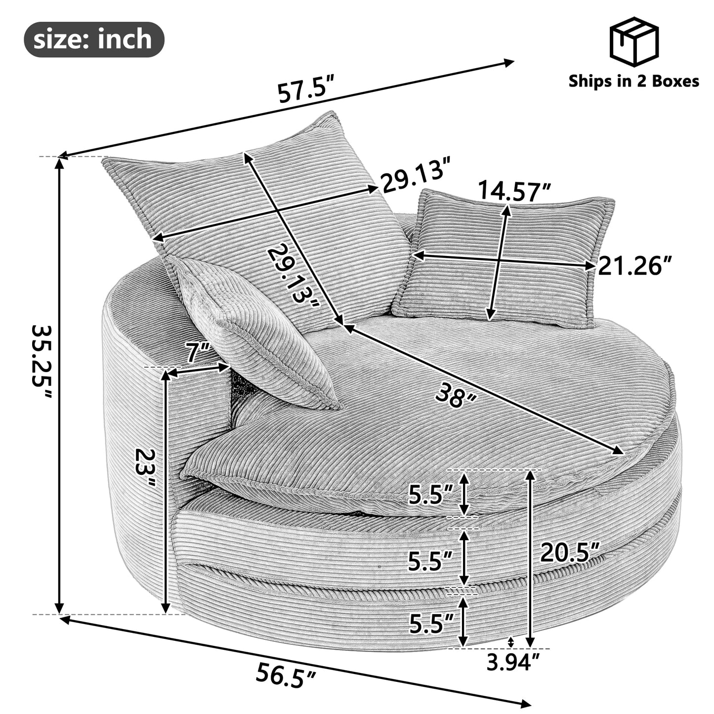 Merax 360° Swivel Sofa Chair, 57.5" Swivel Accent Barrel Chair with Dual-Layer Cushion Design, Modern Corduroy Leisure Sofa Round Chaise Lounge with 3 Removable Pillows for Living Room, Bedroom