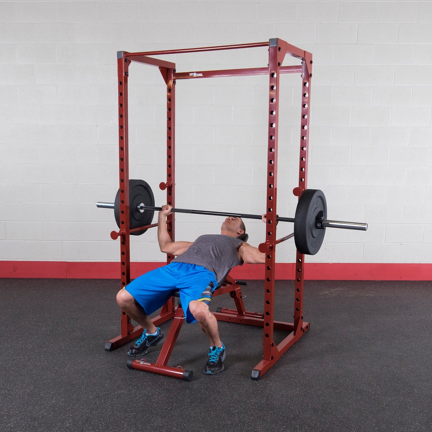 Body-Solid Best Fitness Power Rack - 14-Gauge Steel Home Gym with 500lb Capacity, Chin Bar, 23 Adjustable Safety Bars, Optional LAT & Dip Attachments, Red