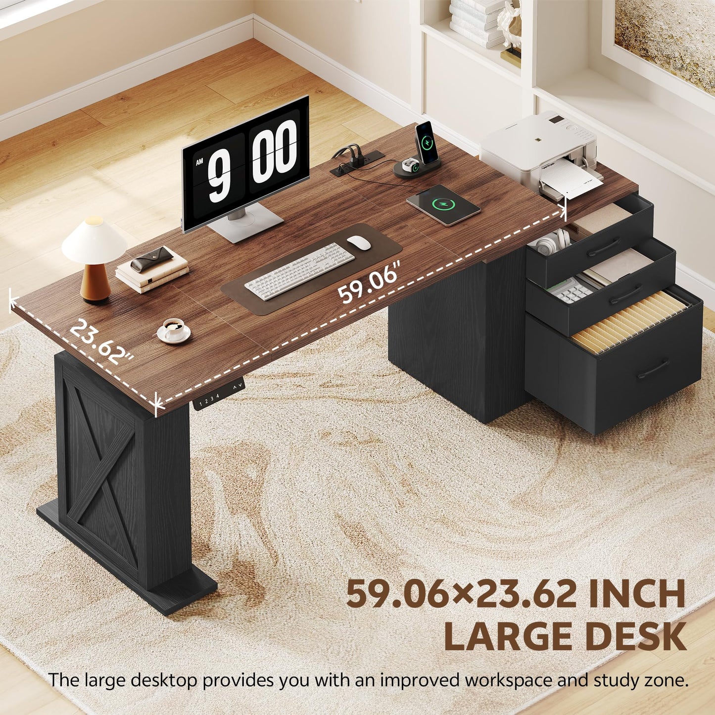 Homiflex 75.5 Inches Electric Standing Desk with Drawers Farmhouse Sit Stand Desk with Storage Adjustable Height Computer Desk with Power Outlets Printer Space for Home Office Black and Walnut