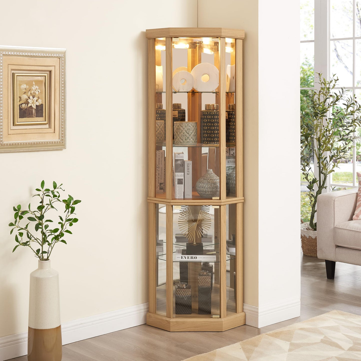 TRUNBACK Corner Curio Cabinet, 150lbs Heavy Duty Glass Display Cabinet with Light, 70" Tall 5-Tier Wine Bar China Cabinet with Tempered Glass Doors & Mirrored Back for Collectibles, Light Oak