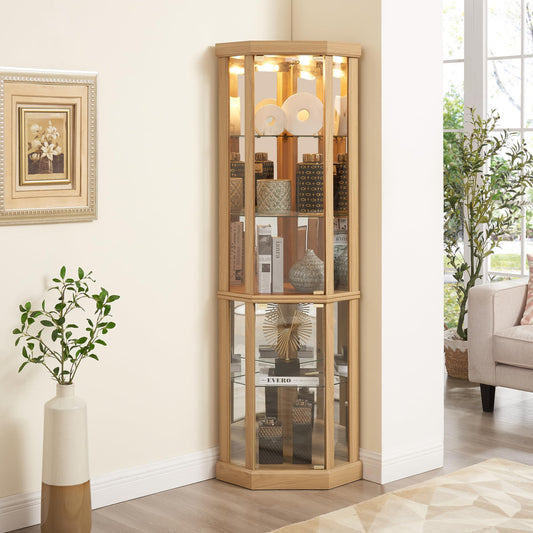 TRUNBACK Corner Curio Cabinet, 150lbs Heavy Duty Glass Display Cabinet with Light, 70" Tall 5-Tier Wine Bar China Cabinet with Tempered Glass Doors & Mirrored Back for Collectibles, Light Oak