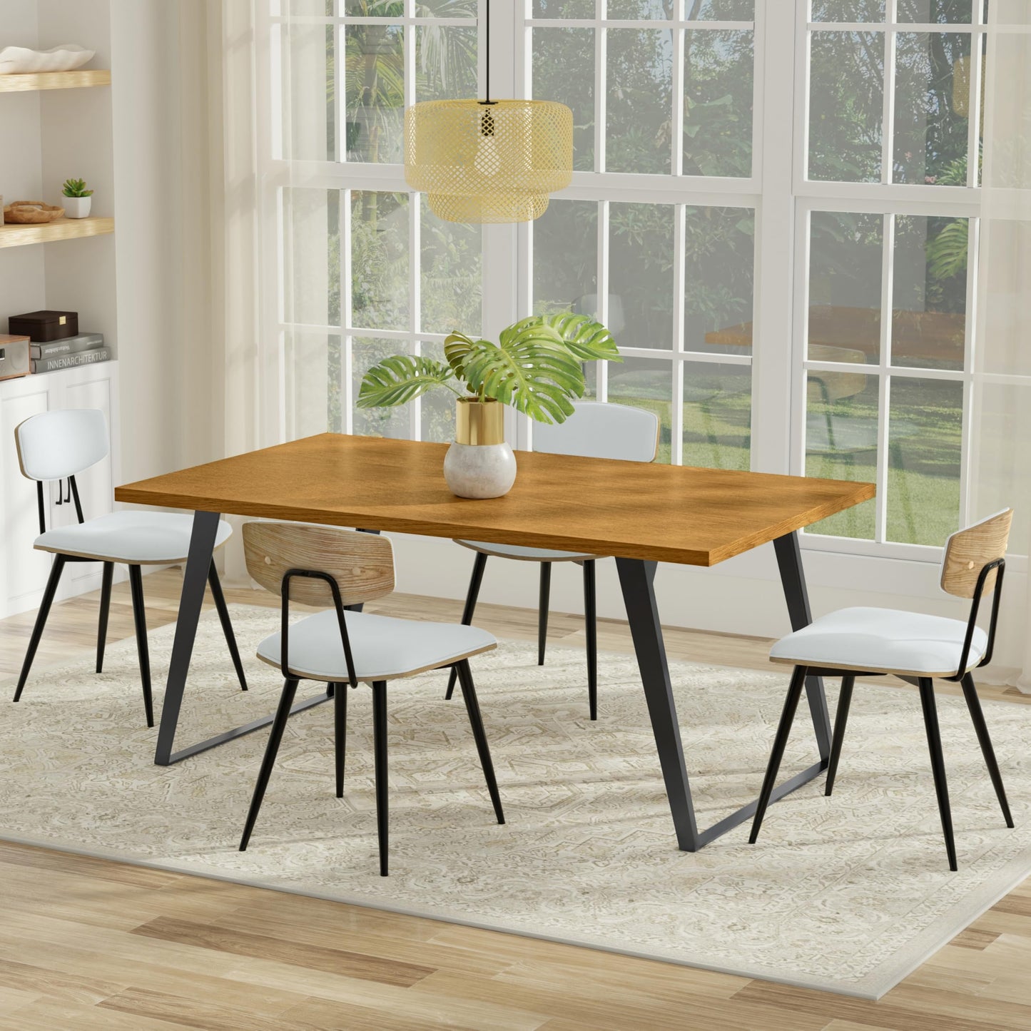 SIMPLIHOME Lowry Dining Table - 66 inch Wide Solid Wood Oak Veneer Table, Modern Industrial Style for Dining Room or Kitchen with Angled Graphite Grey Powder-Coated Iron Legs and Thick Top, Seats 6