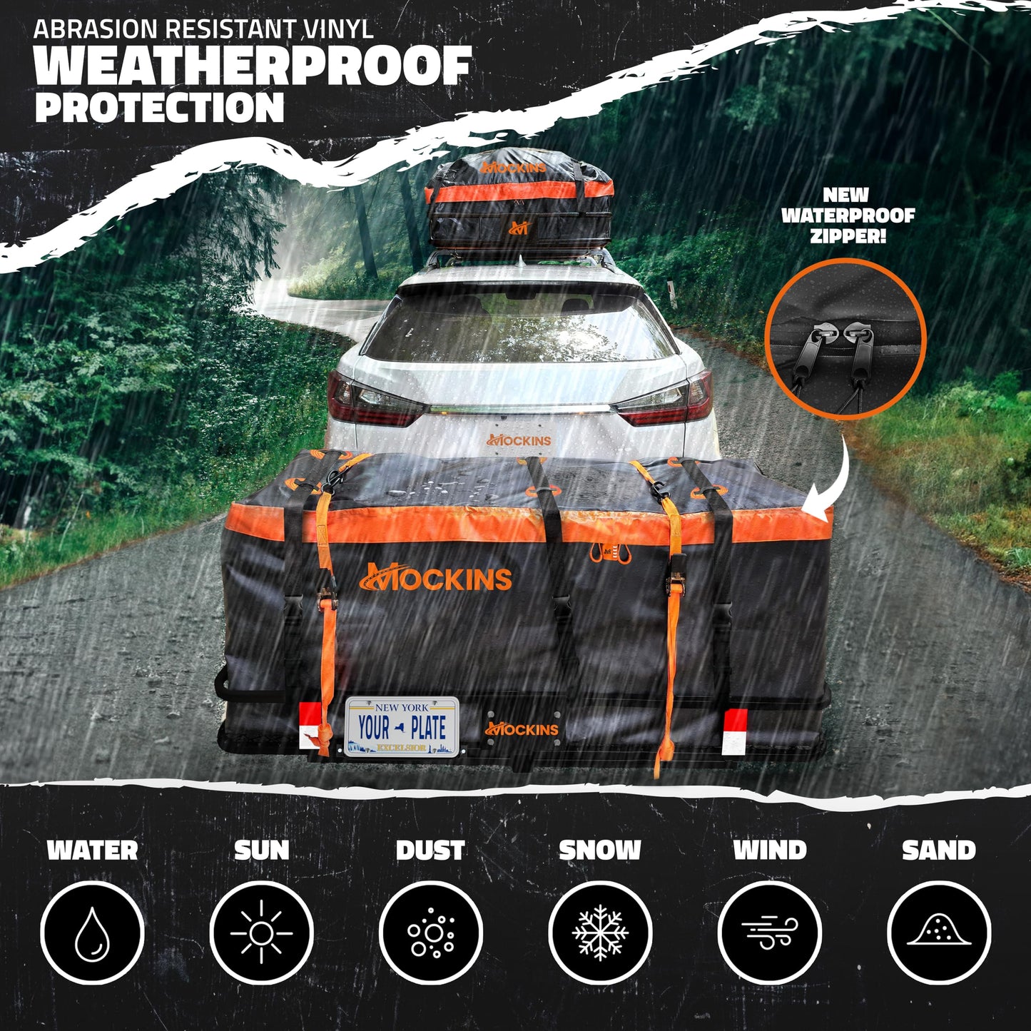 Mockins 60"x20"x6" Folding Luggage Rack for Car Hitch & 20 Cu Ft Waterproof Cargo Bag | 500 lbs Cap Steel Trailer Hitch Cargo Carrier for 2" Receivers w/License Plate Holder, Stabilizer, Net & Straps