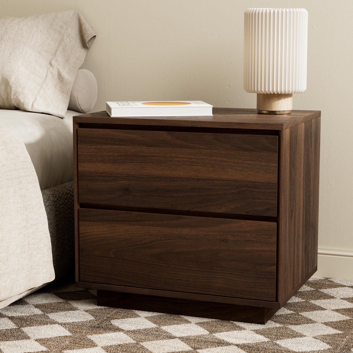 MoomJiee Mid Century Modern End Tables with 2 Drawers Set of 2, Wooden Nightstand Bed Side Table with Storage Bedside Night Stand for Bedroom Living Room Sofa, Brown