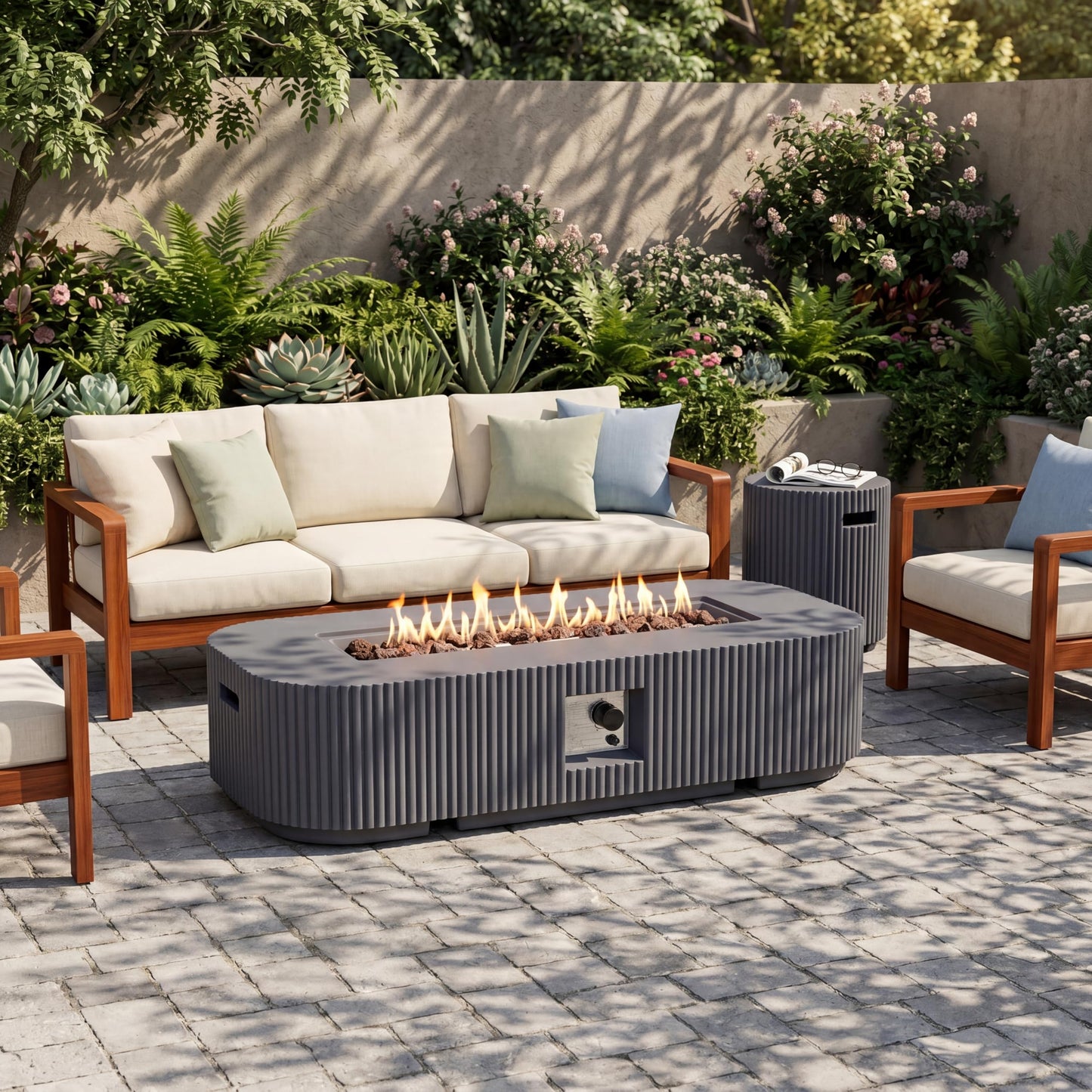 Christopher Knight Home 48.2 Inch Outdoor Rectangular Fire Pit Set with Tank Cover Side Table, MgO Concrete Propane Fire Pit 50000 BTU, Gray Modern Patio Heating Table Set