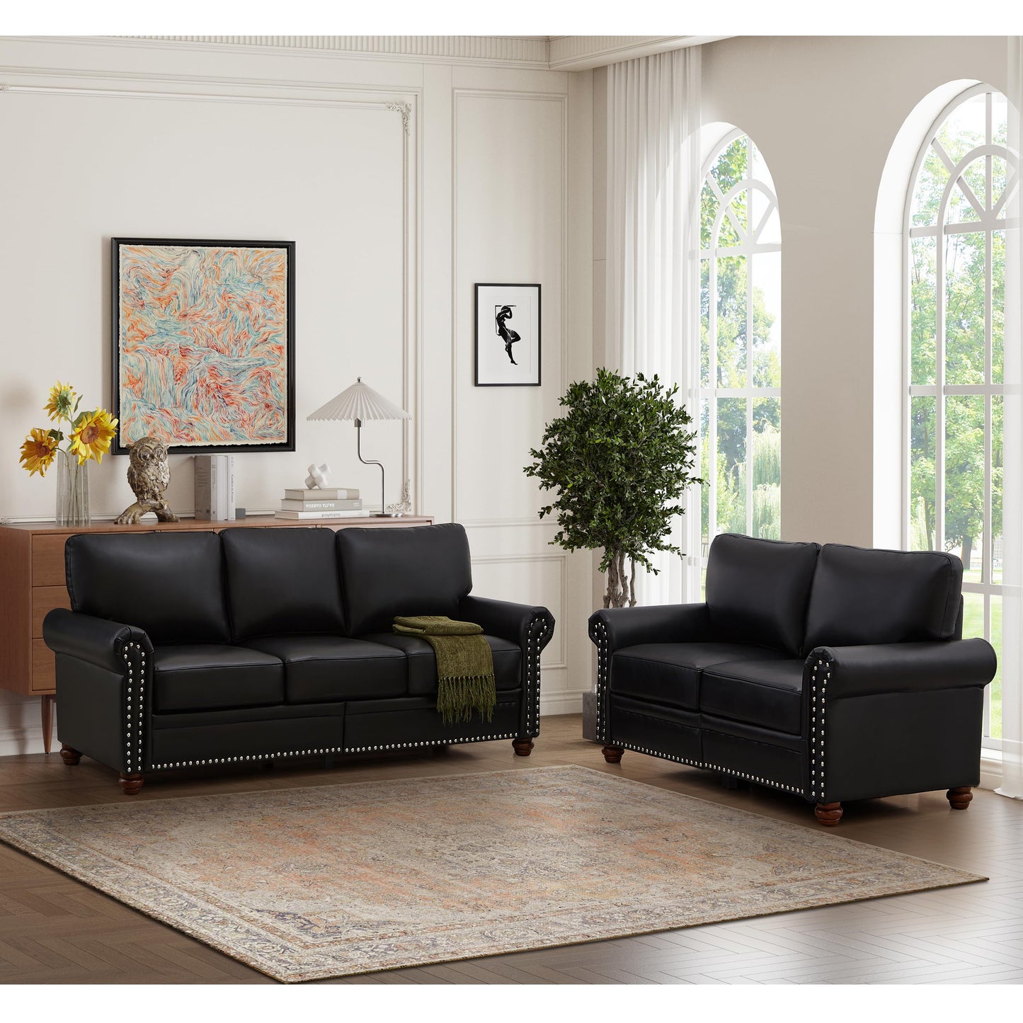 YOPTO Living Room Sectional Sofa Couch with Storage Space,Faux Leather Fabric Loveseat and Sofa Sets W/Silver Nails Decoration & Comfy Cushion,2 Pieces Livingroom Furniture for Home,Office,Black
