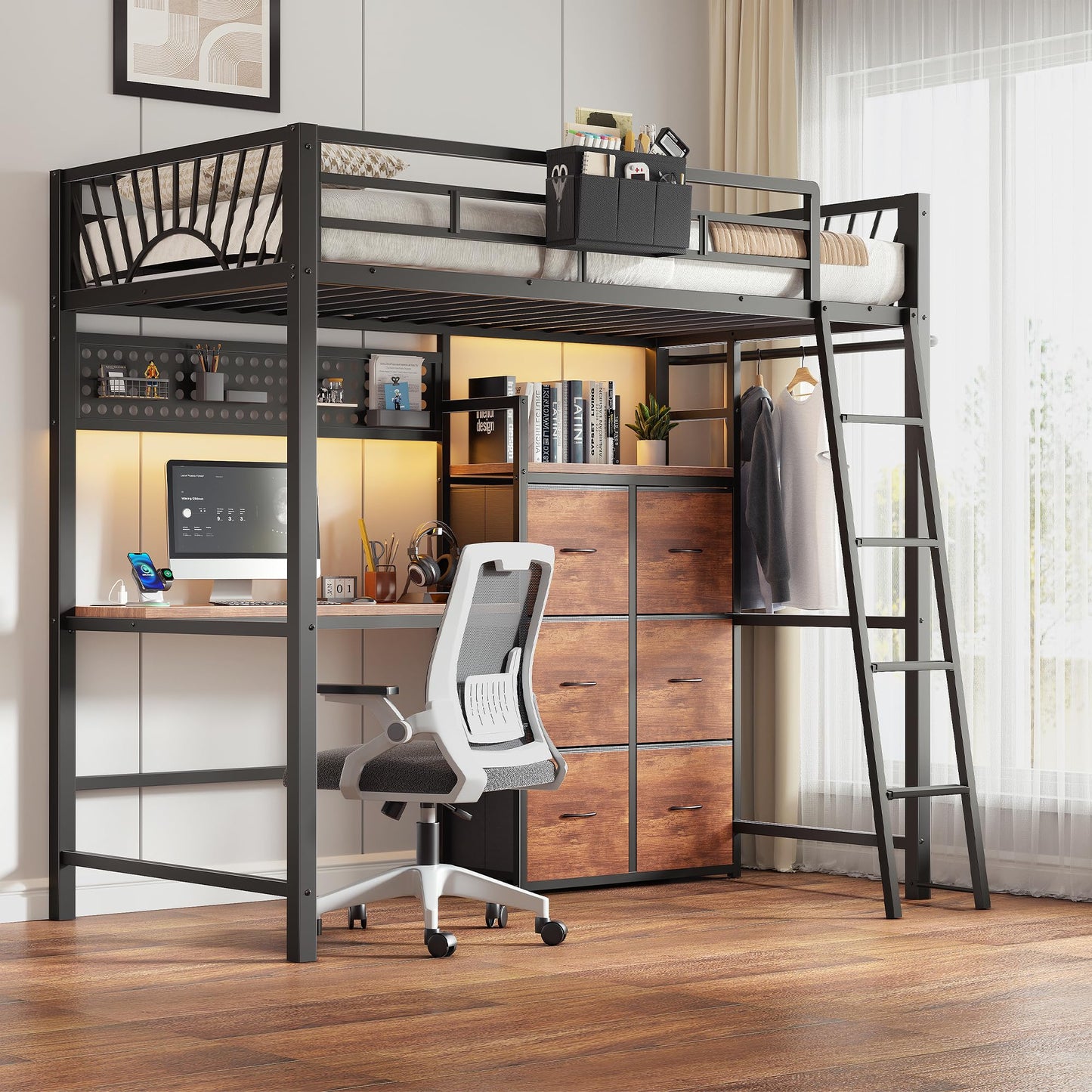 Decofy Twin Loft Bed with Desk and 6 Storage Drawers, Metal Twin Size Loft Beds with Charging Station, RGB LED Lights, and Pegboard & Hanging Rod for Kids, Teenager (Black)