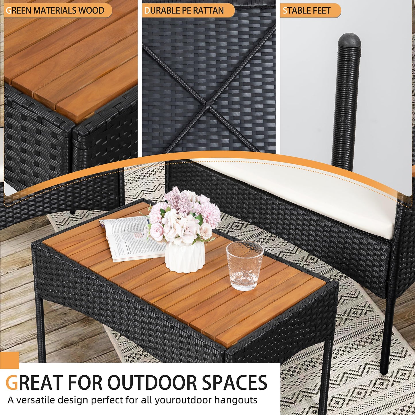 Shintenchi 4-Piece Patio Furniture Set, Outdoor Wicker Patio Conversation Furniture Set with Cushions and Wooden Tabletop for Paito Lawn Backyard Pool Garden, Black Rattan
