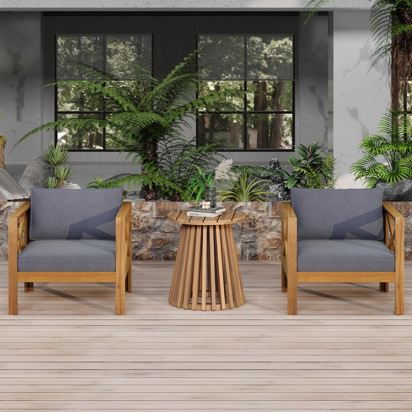 Christopher Knight Home Lucy Acacia Wood Outdoor Patio Furniture Set, 3 Pieces Patio Set, Round Side Table and ArmChairs Conversation Set with Cushion for Garden Lawn Balcony, Dark Gray + Light Teak