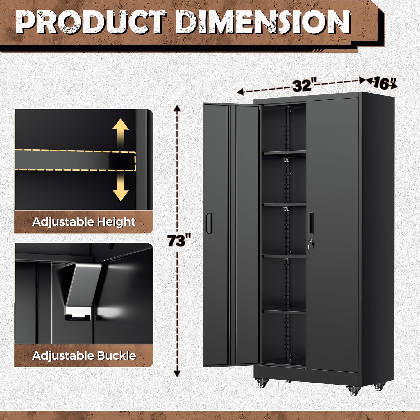 INTERGREAT Metal Garage Storage Cabinet with Wheels, Rolling Storage Cabinet with Locking Doors and 4 Adjustable Shelves,- 73" Steel Tool Cabinet for Home Office,Garage,Warehouse，Black