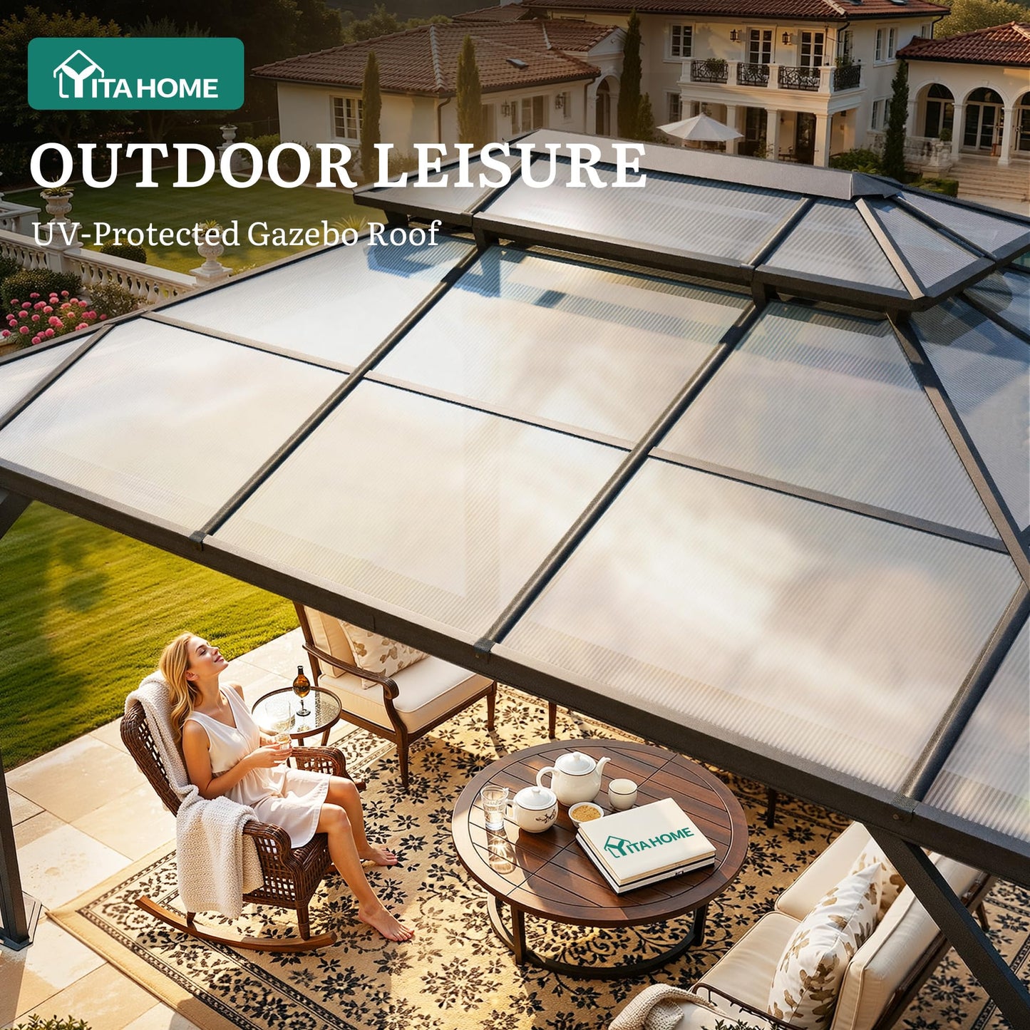 YITAHOME 10X12FT Polycarbonate Gazebo Outdoor Patio Double Top Canopy Galvanized Iron Aluminum Column Garden Tent Curtains Netting for Backyards Decks Lawns,Gray