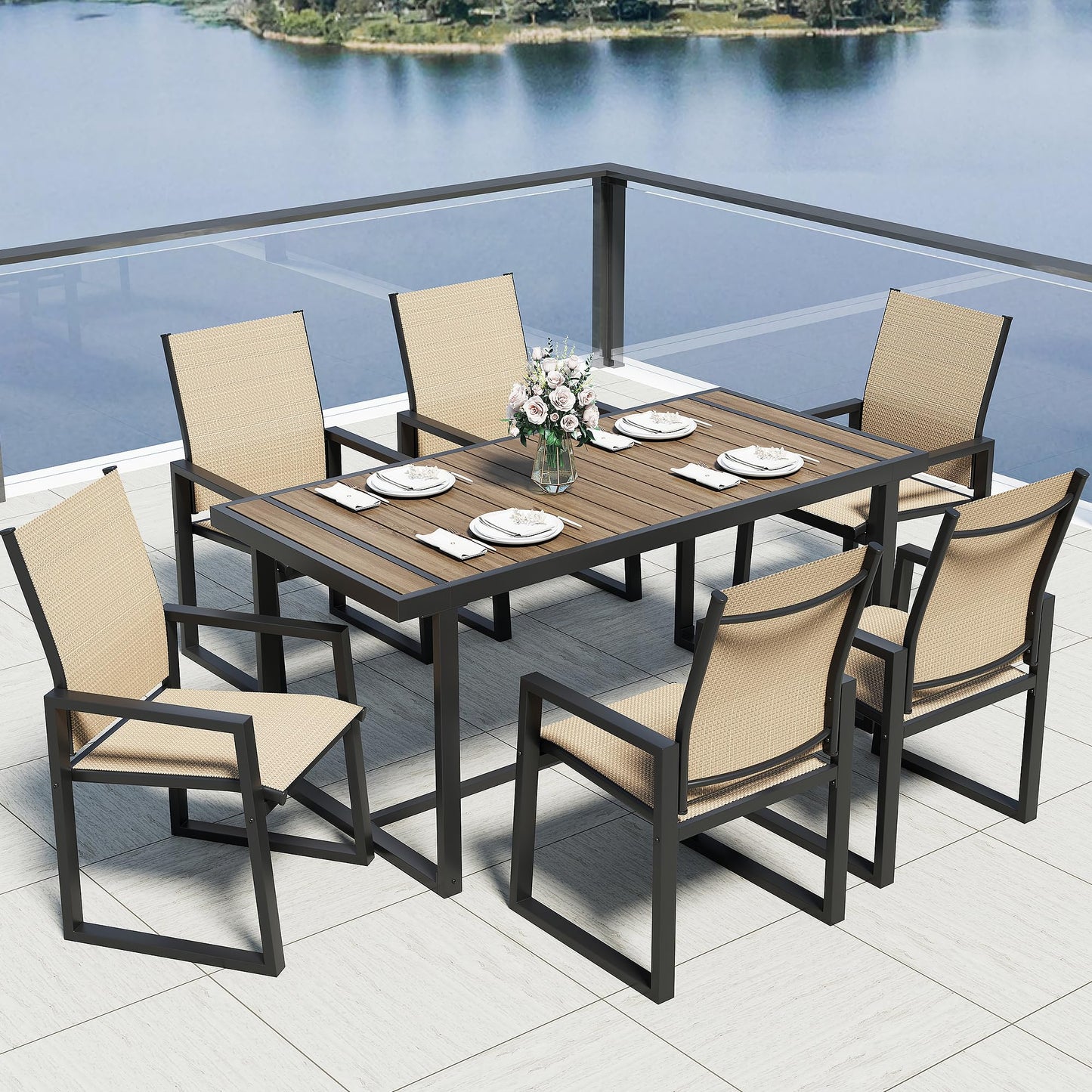Jocoevol 7 Piece Patio Dining Set for 6, Outdoor Furniture Set Includes 67" Rectangle Patio Table and 6 Textilene Dining Chairs, Outdoor Table and Chairs for Outsides, Backyard, Garden and Poolside