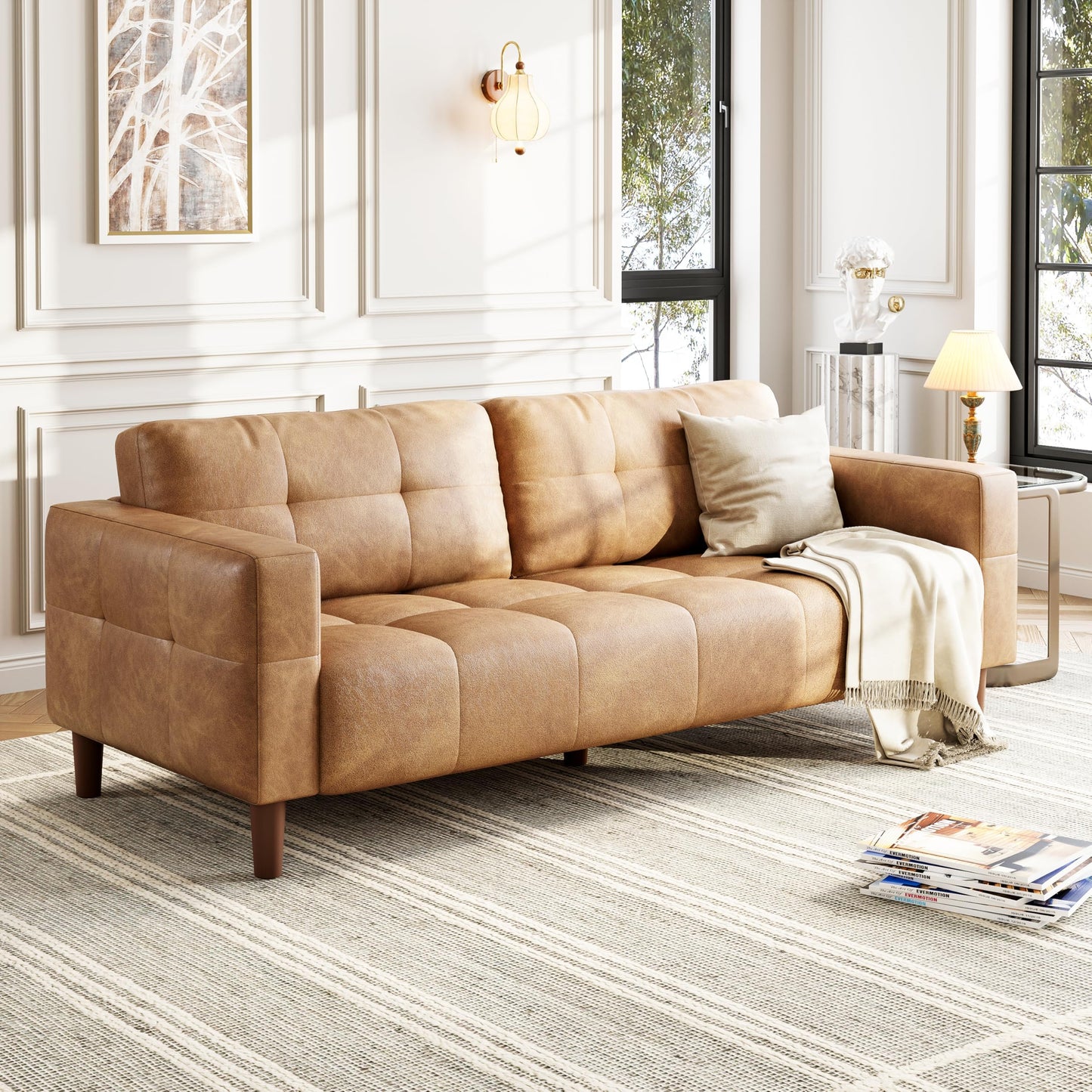 IDEALHOUSE 83” Brown Faux Leather Couch, 3 Seater Sofa Couches with 2 Removable Back Cushions for Living Room, Large Mid Century Modern Office Apartment Couch (Brown)