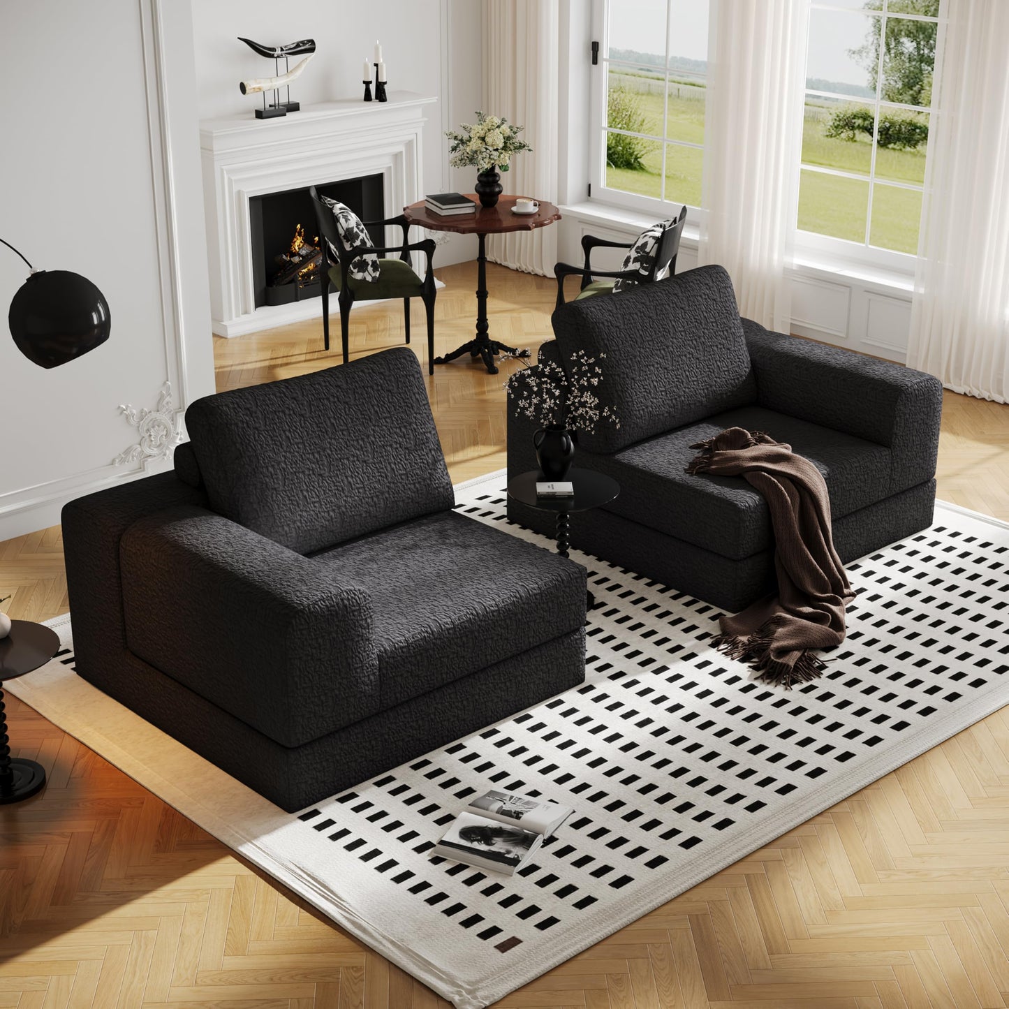 Cloud Modular Sectional Sofa, DIY Combination Modular Couch for Living Room, Unique Knitted Fabric Love Seat Couches with 2 Pillows, 2 Seater Comfy Sectional Couch with No Assembly (Black)
