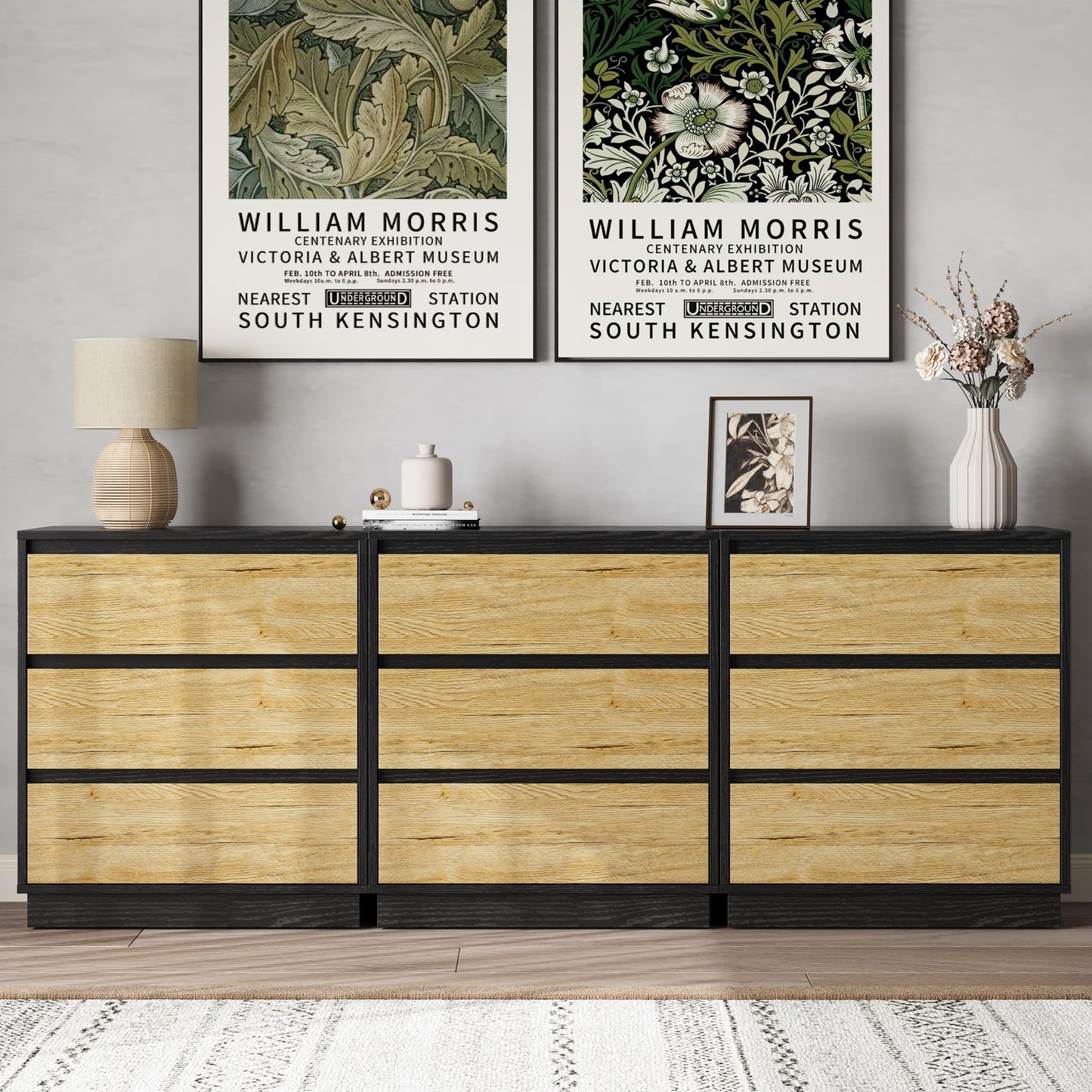 RoyalCraft Nightstand Set of 3, 23.6" Night Stand with 3 Drawers Storage, Large Bedside Table, End Table for Bedroom, Closet, Black and Wood