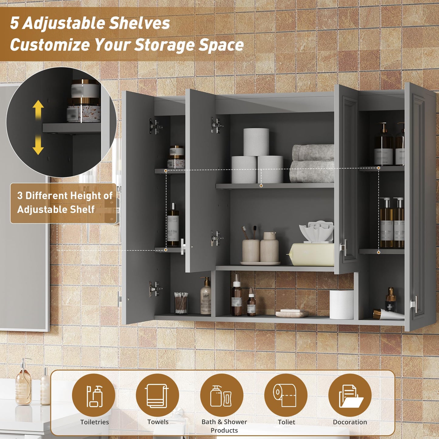 Marzzi 36" x 28" Bathroom Medicine Cabinet with Open Shelf, Wall Mounted Bathroom Storage Cabinet with Adjustable Shelves, Over The Toilet Wall Cabinet, Painted Finish