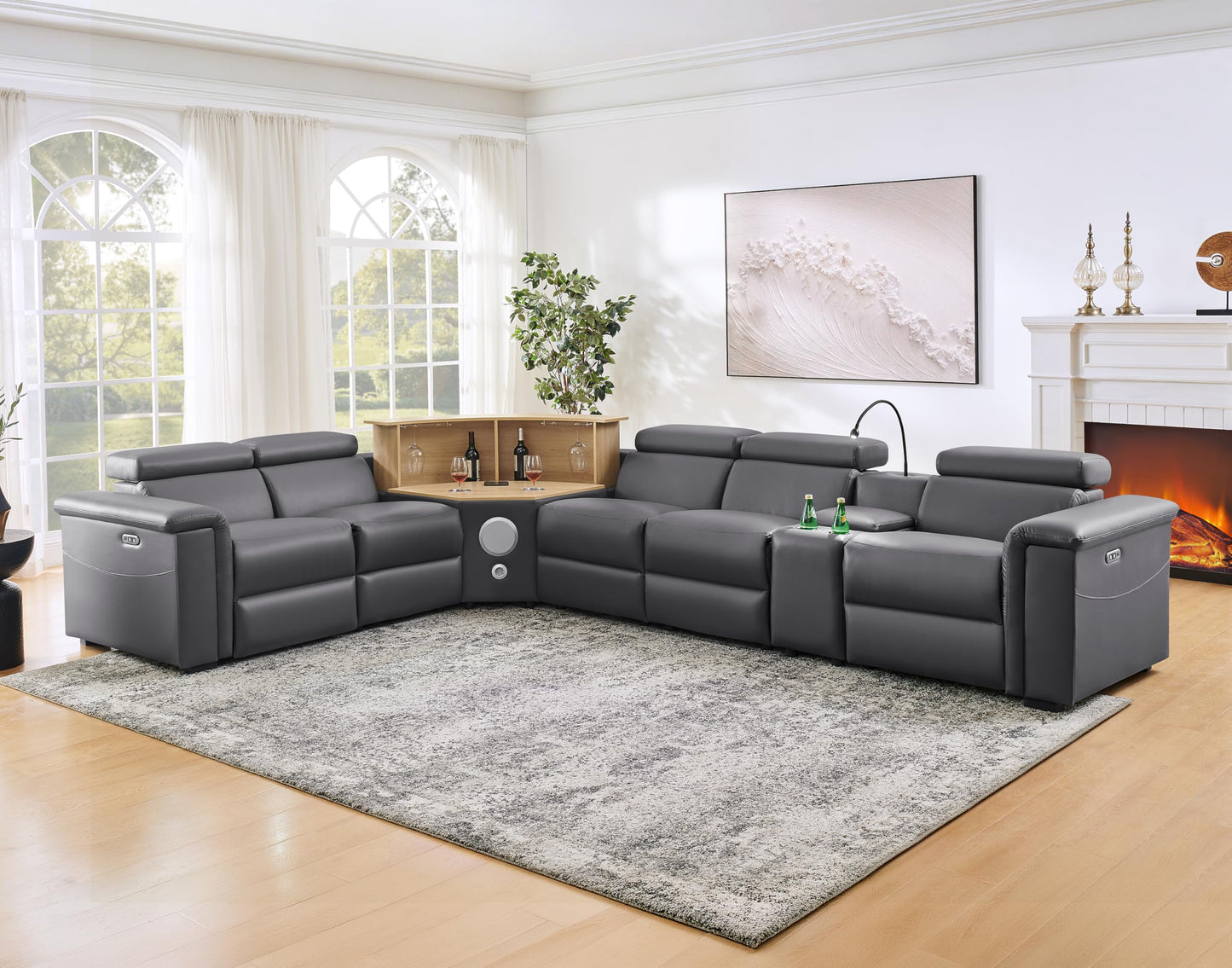 KEIKI 130" L-Shaped Air Leather Powered Reclining Sofa with Motorized Lift Cabinet & Multi Functional Console & Adjustable Backrest & Footrest, Electric Control 5-Seater Couch, for Living Room, Gray