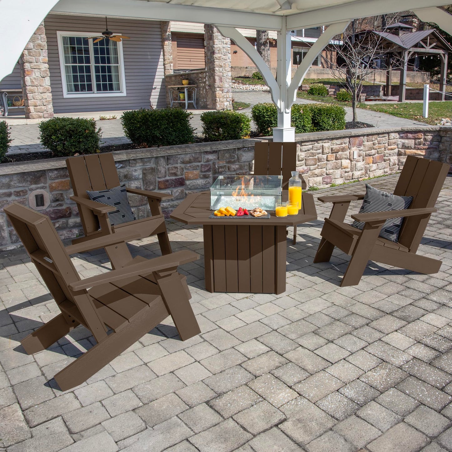 Oasis 5-Piece Conversation Set with Fire Pit Table, 4 Italica Modern Adirondack Chairs and 40” Fire Pit Table with Glass Wind Guard and Rain Cover, Weathered Acorn