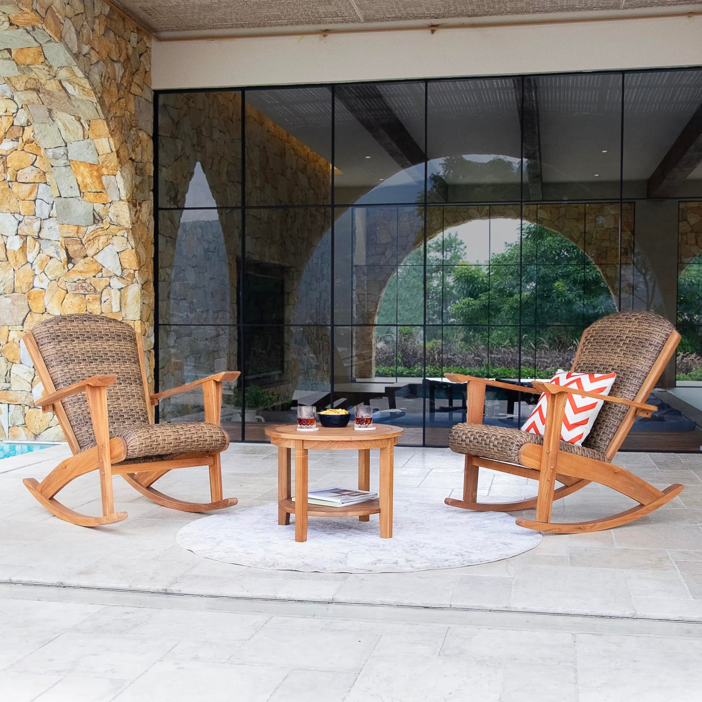 Cambridge Casual Camden 3-Piece Teak Wood Patio Conversation Set Brown Wicker, Padded Woven Seat, Deep Seating Rocking Chair Set of 2 with Side Table, Quick Dry Foam