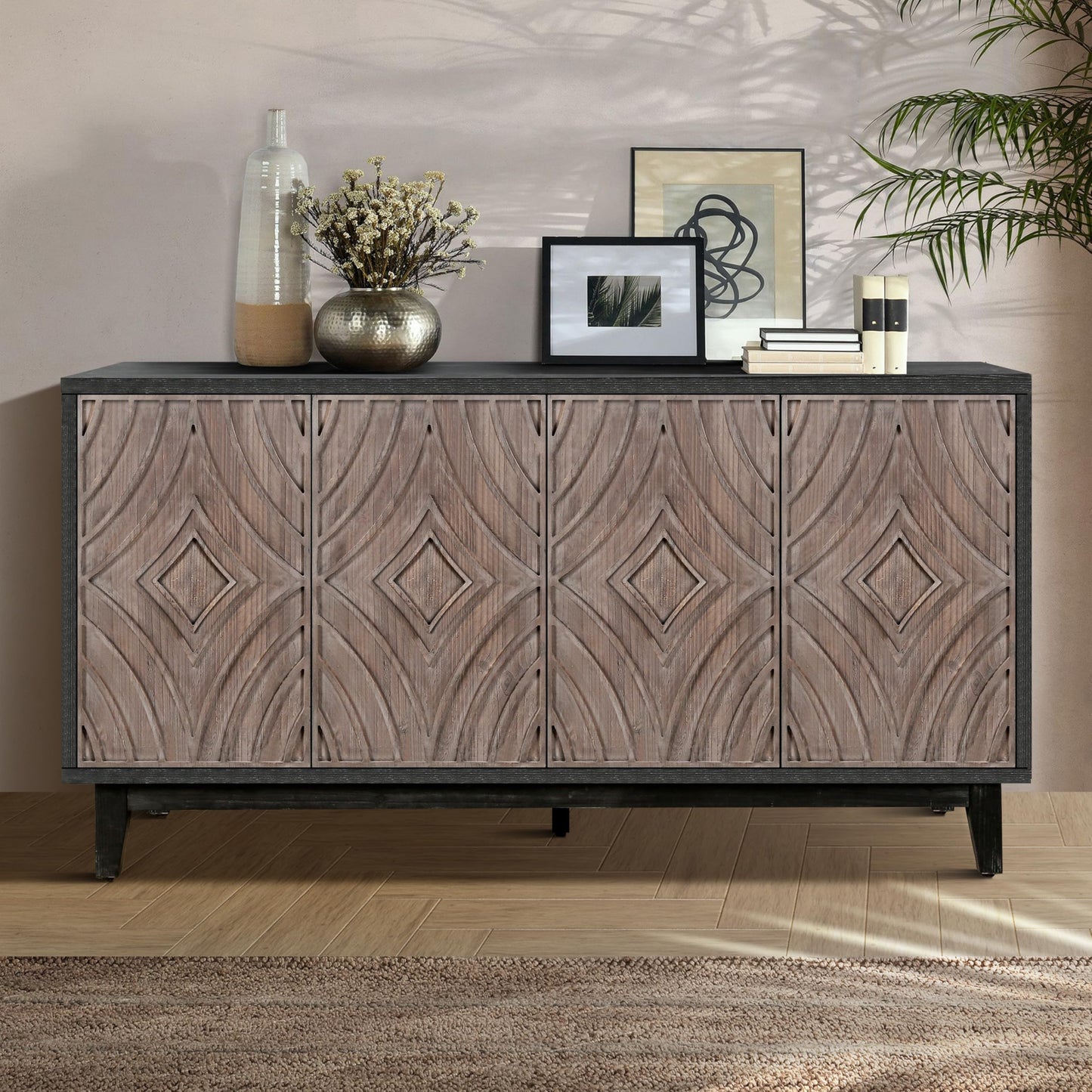 Noble House Home Furnishings Ruly Mid-Century Modern Sideboard Buffet Cabinet with Storage, Wooden Living Room TV Stand for TV up to 65 inch, Entryway Storage Cabinet with Adjustable Shelves, Black