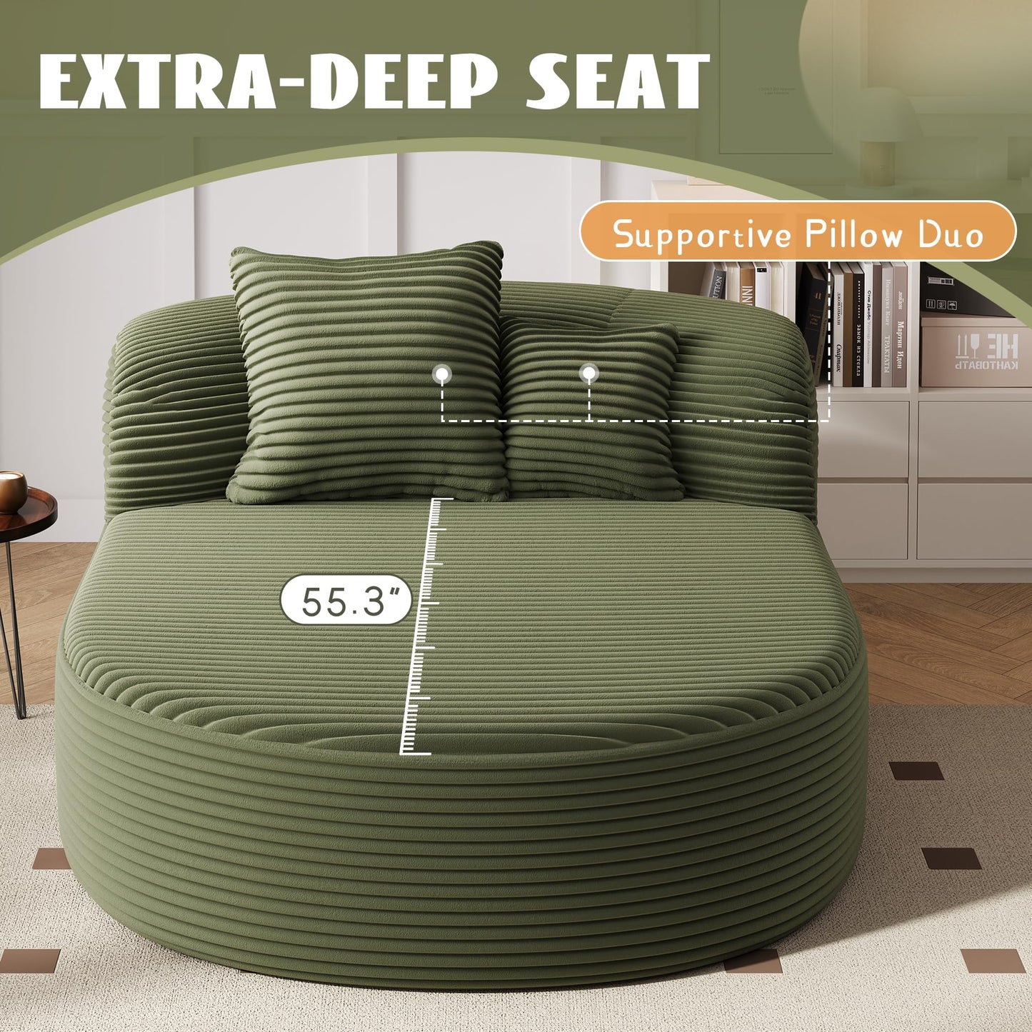 51.6-Inch Fluffy Corduroy Boneless Sleeper Daybed Oversized Single Recliner Foam Cloud Lounge Chaise,Floor Cloud Sofa Chaise W/2 Toss Pillows for Bedroom Living Room