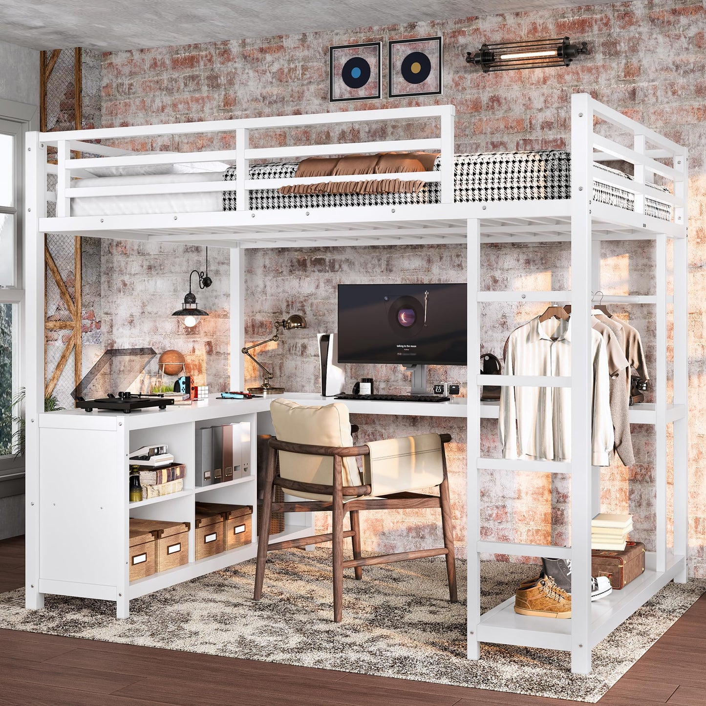 Bellemave Full Size Loft Bed with Desk & Wardrobe, All-in-One Metal Loft Beds Frame with Storage, Space Saving Loft Bed Full Size for Teen, Adult, Apartment, Dorm, White
