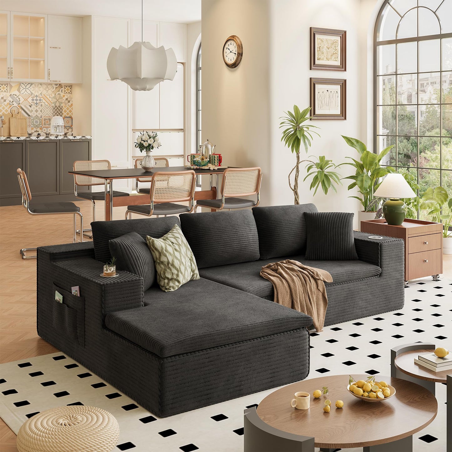 Homall 109" Boneless Couch with Memory Foam, Modular Sectional Sofa with L-Shape Chaise, Cloud Couch with Deep Seat, Dual Cup Holders & Side Pockets, No Assembly Required (Black)