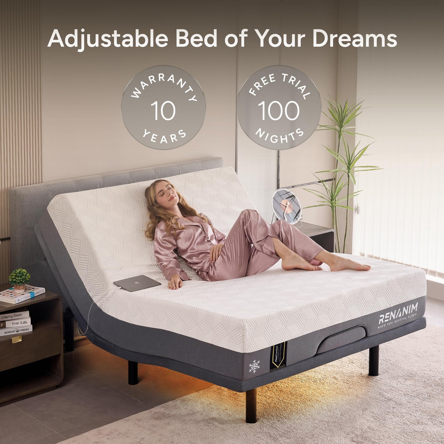 Renanim SFE Full Size Adjustable Bed Frame with Mattress - 14" Hybrid Memory Foam - Zero Clearance, Wireless Remote Head & Foot Incline - Zero Gravity - Electric Massage, Underbed Lights & 4 USB Ports