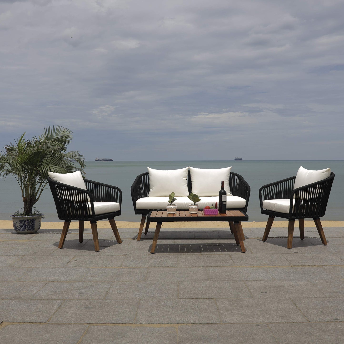 SAFAVIEH Outdoor Collection Ransin Black/Beige/Natural Solid Wood 4-Piece Conversation Patio Set