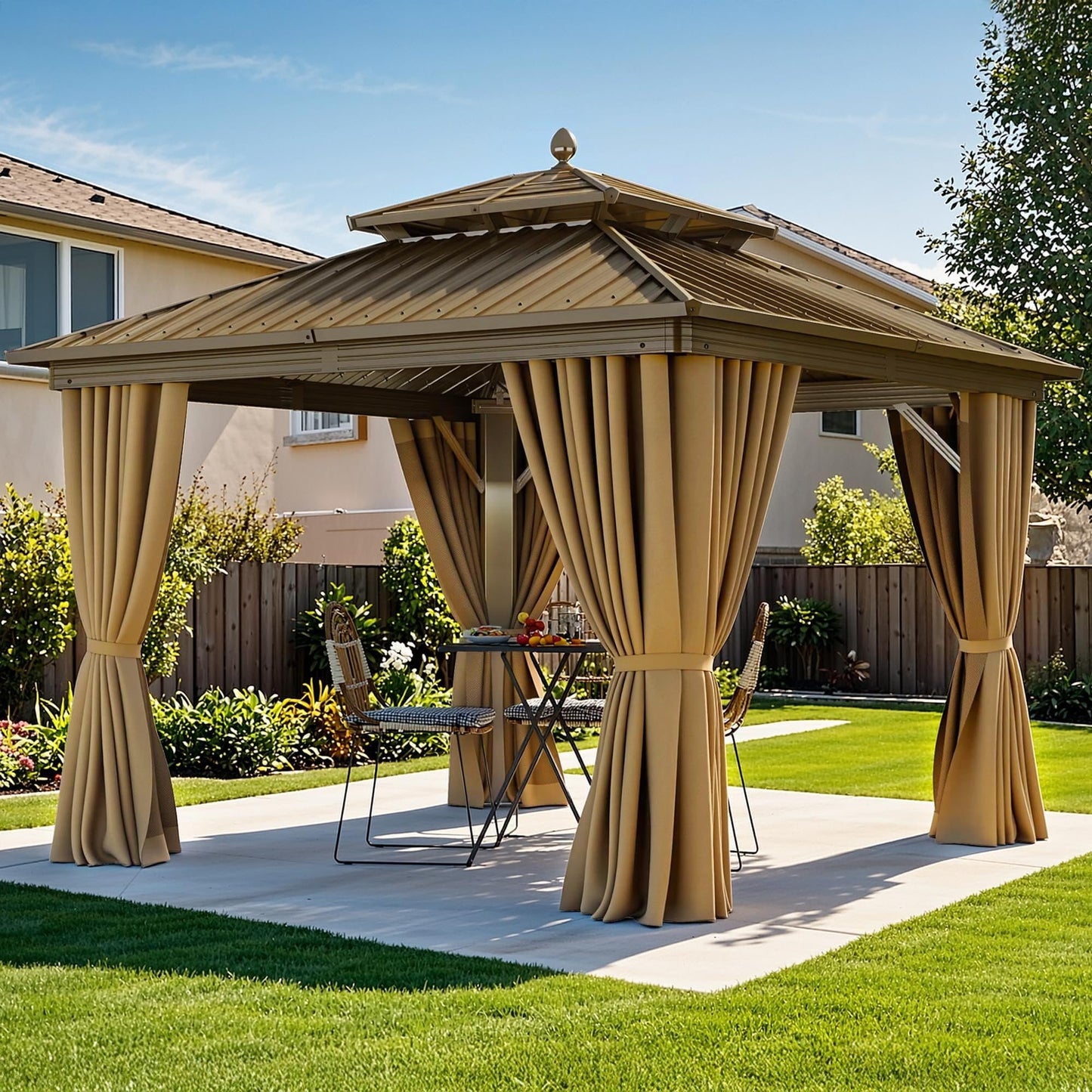 DWVO 10x10ft Aluminum Gazebo Hardtop Double Roof Canopy Outdoor Gazebo Galvanized Roof with Netting and Curtain Garden Tent for Patio, Backyard and Deck