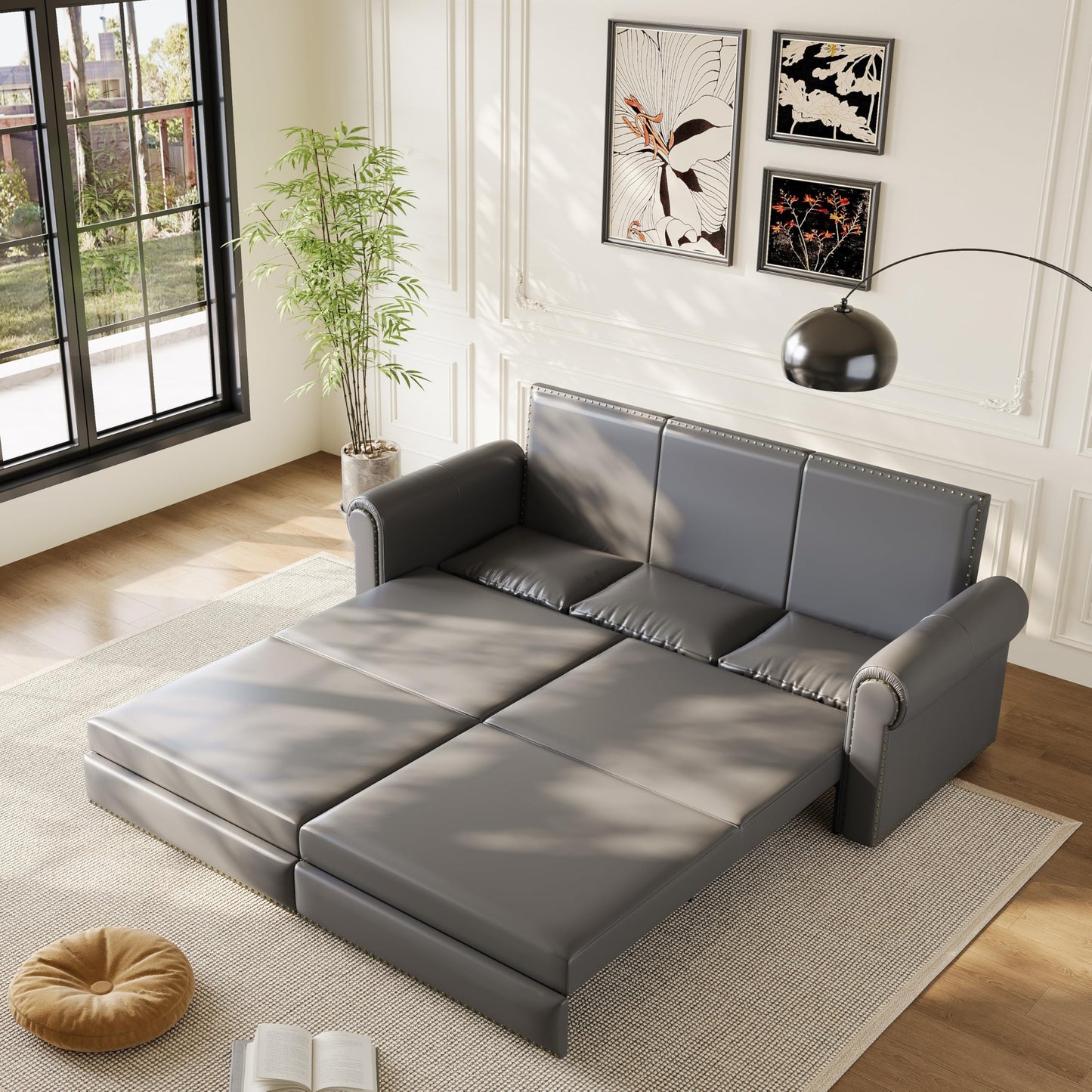 KEIKI 94" Upholstered Faux Leather Chesterfield Sofa with Rolled Arms, 3-in-1 Convertible Sleeper Sofa Bed for Living Room, Bedroom, Office, King Size Pull Out Bed, Charcoal Gray